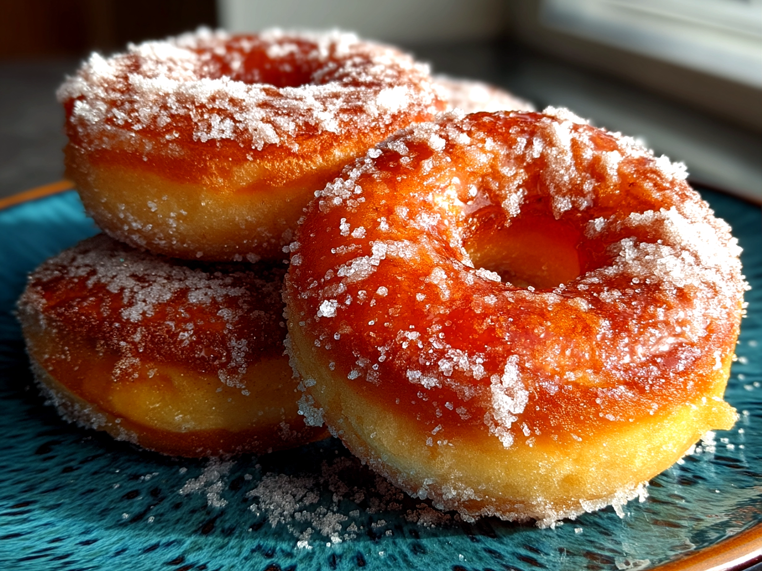 Close-up of finished beautiful sourdough discard sugar donuts on a plate