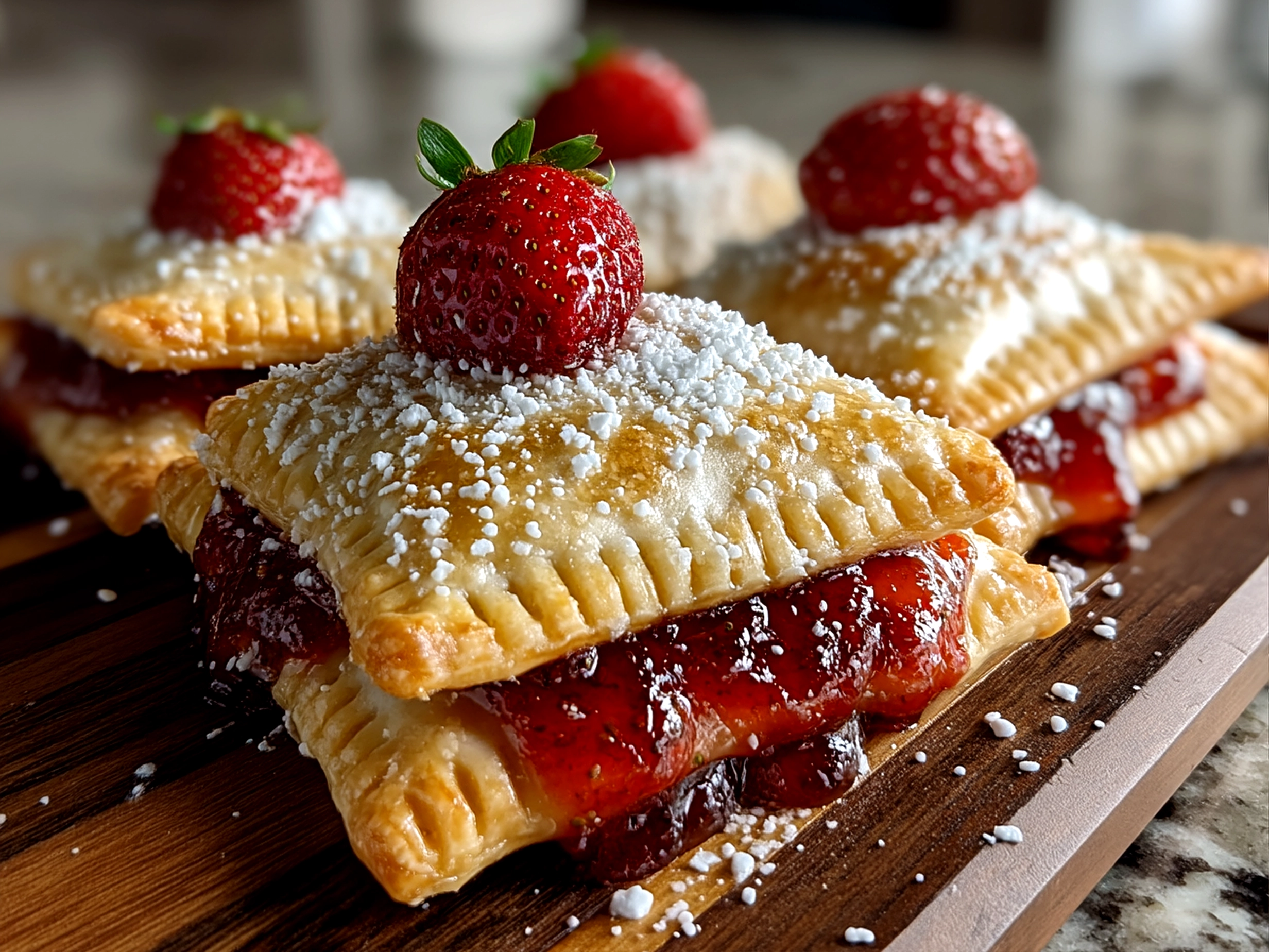 Close-up of finished homemade strawberry pop tart cookies, fresh and vibrant, taken at a slight angle with an iPhone