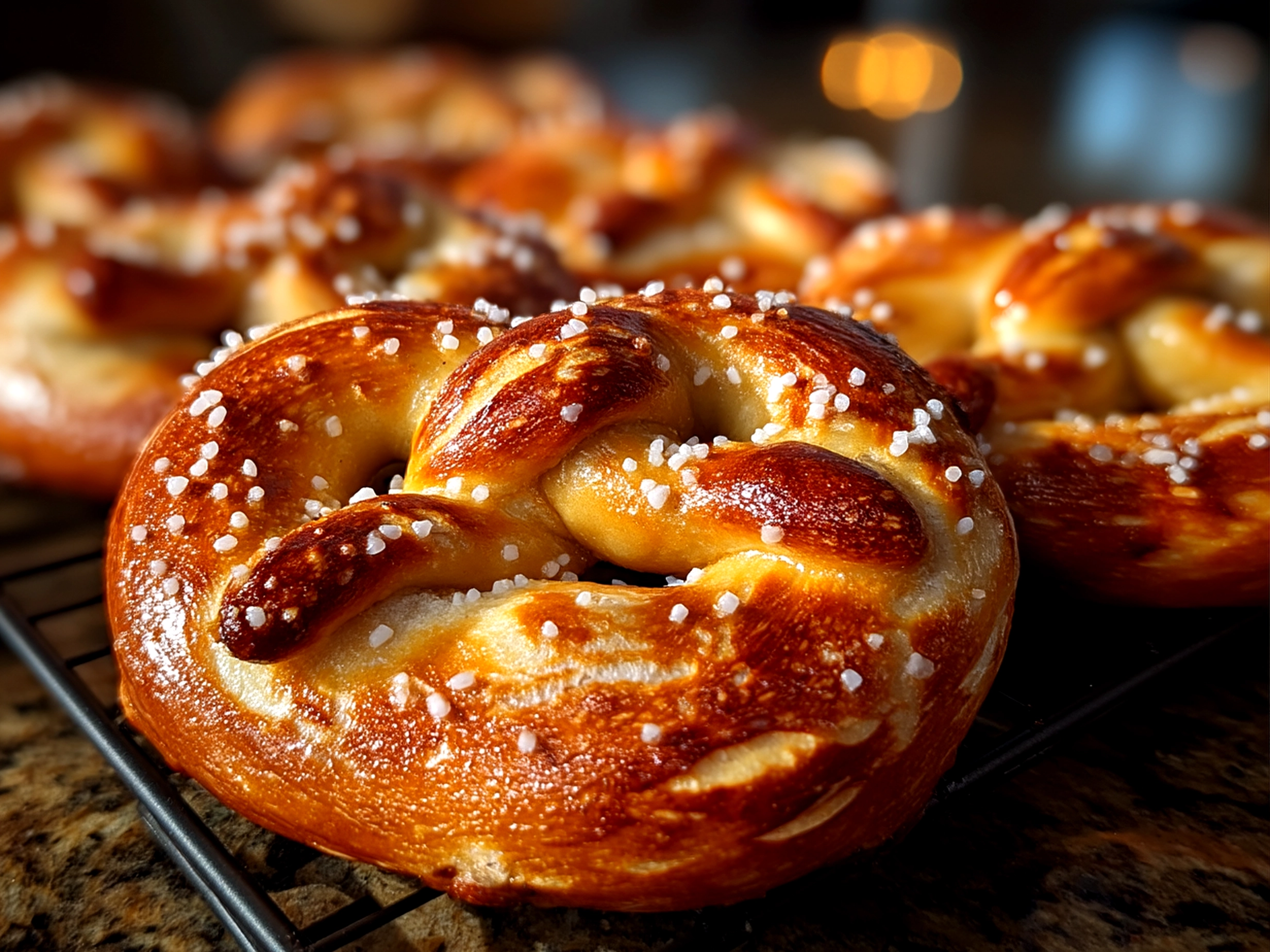 Close up of finished homemade Basketball Pretzel Cookies on a warm appetizer platter