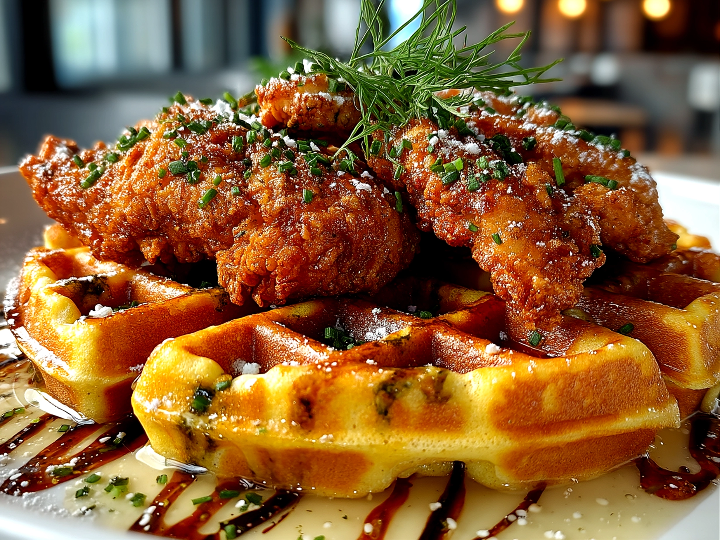 Close-up image of finished beautiful crispy chicken waffles, captured slightly at an angle with natural lighting showing vibrant textures.
