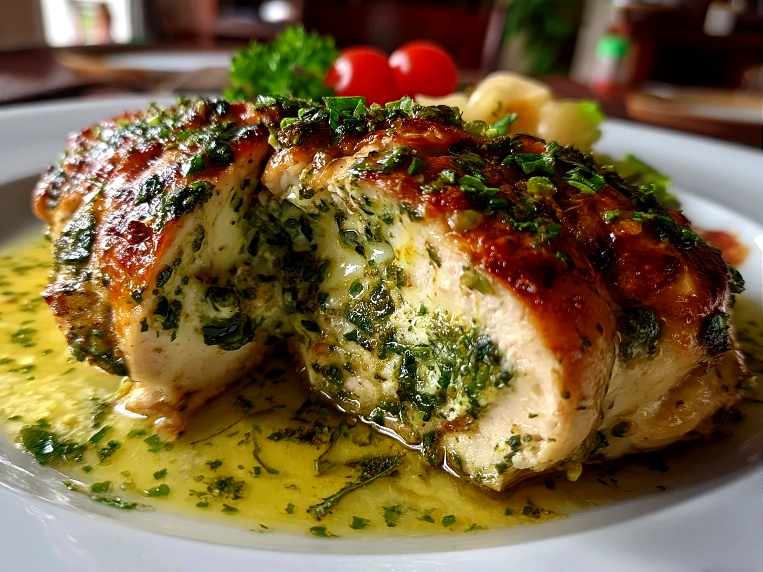 Close-up of finished delicious pesto stuffed chicken breast on a plate