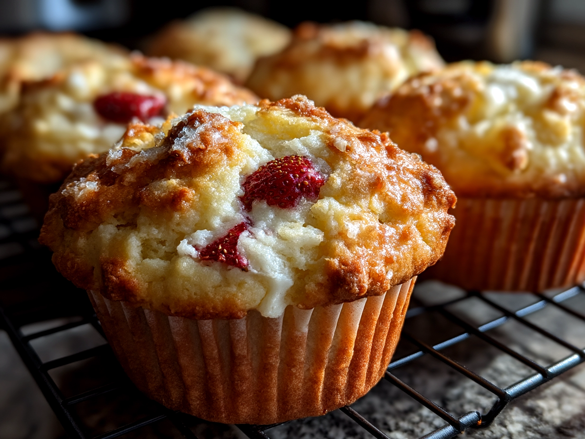 Close up of finished comforting strawberry ricotta muffins, warm and appetizing