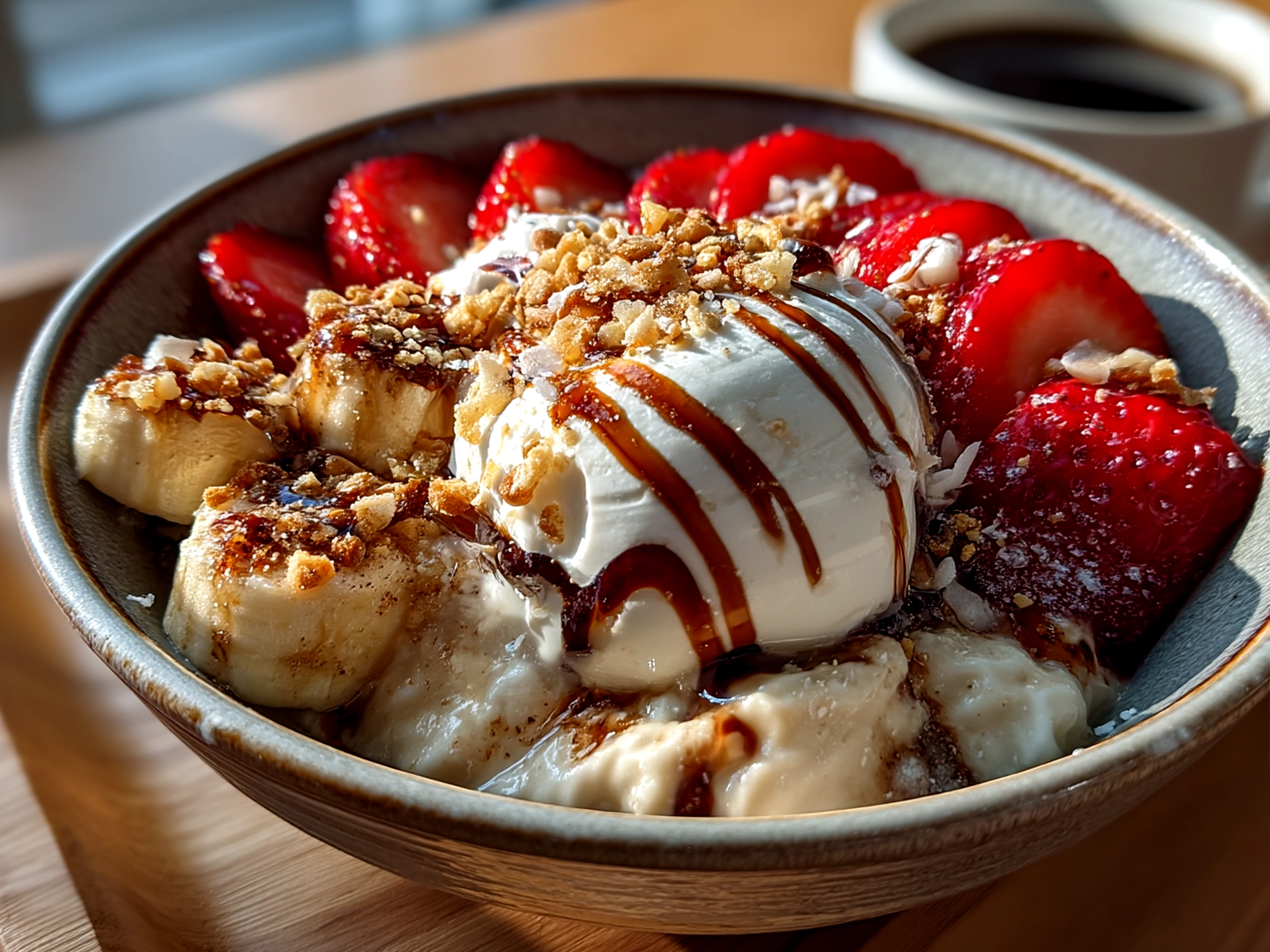 Close up of finished fresh Valentine Breakfast Nice Cream Bowl with vibrant toppings