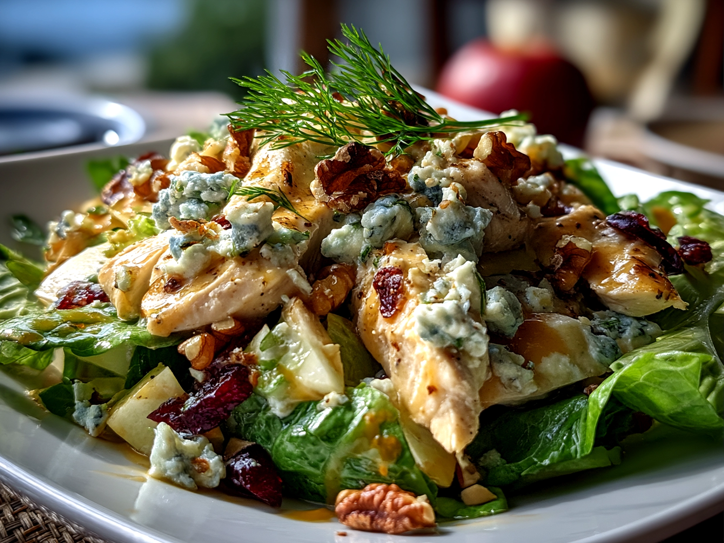 Apple Walnut Chicken Salad served on a bed of greens with walnuts and apple pieces visible