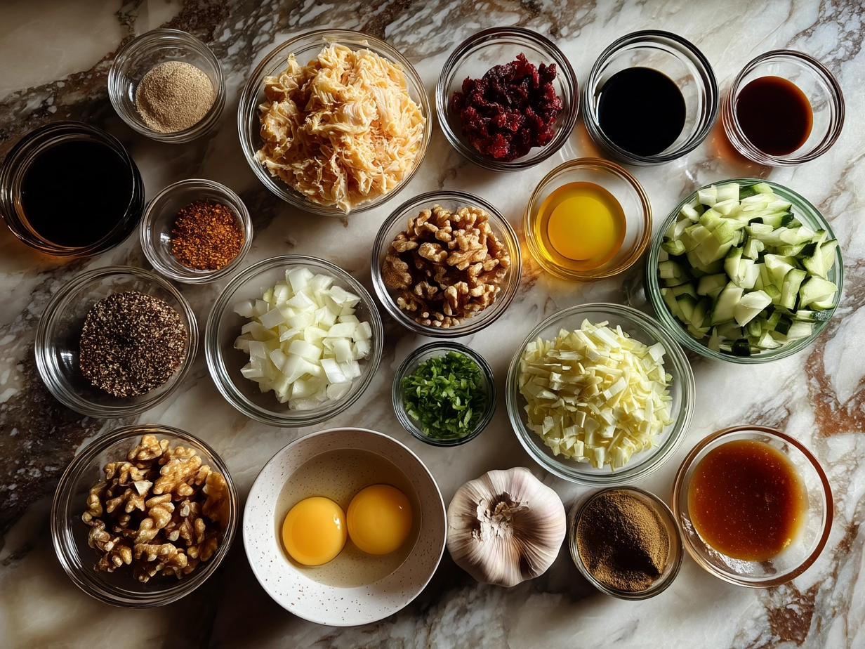 Ingredients for Apple Walnut Chicken Salad laid out including chicken breasts, apples, walnuts, celery, red onion, mayonnaise, Dijon mustard, and apple cider vinegar