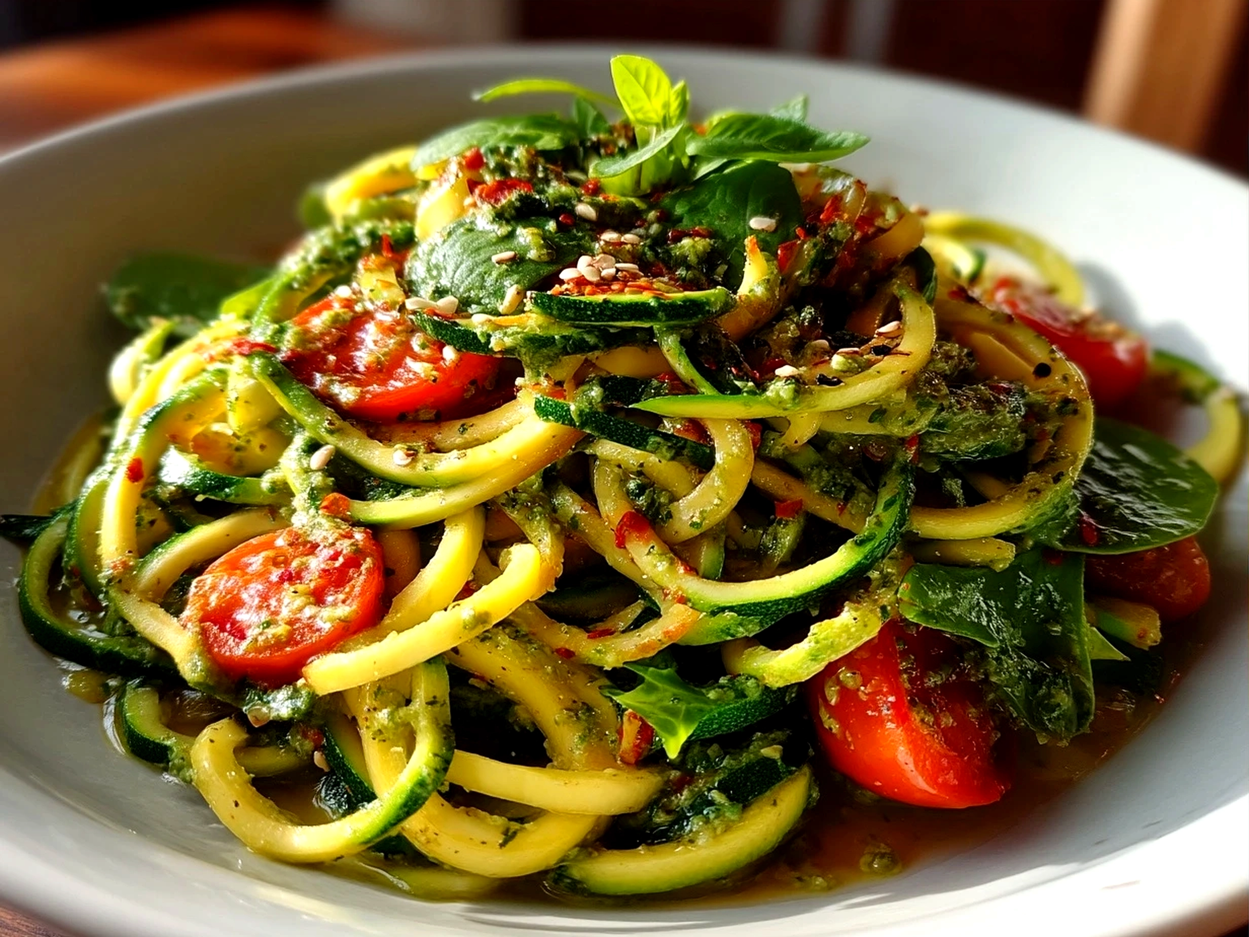 Avocado Pesto Zoodles served in a bowl with pine nuts and Parmesan cheese garnish