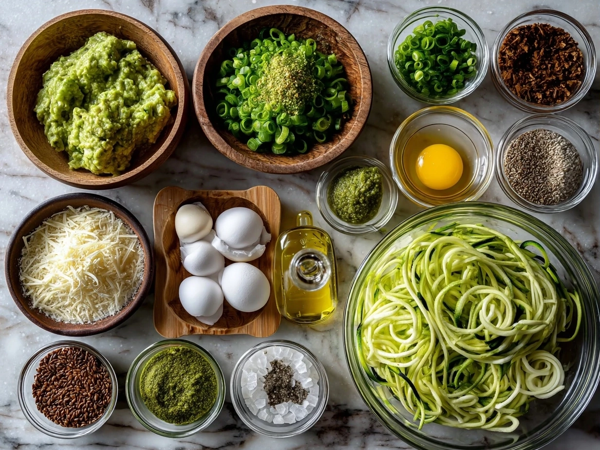 Ingredients for Avocado Pesto Zoodles laid out on a kitchen counter