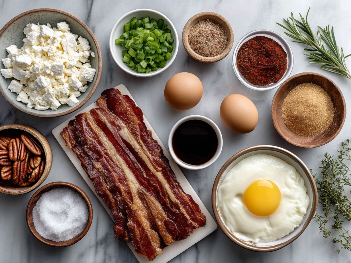 Ingredients laid out for making Bacon Goat Cheese Appetizer Log with goat cheese, bacon, honey, paprika, chives, nuts