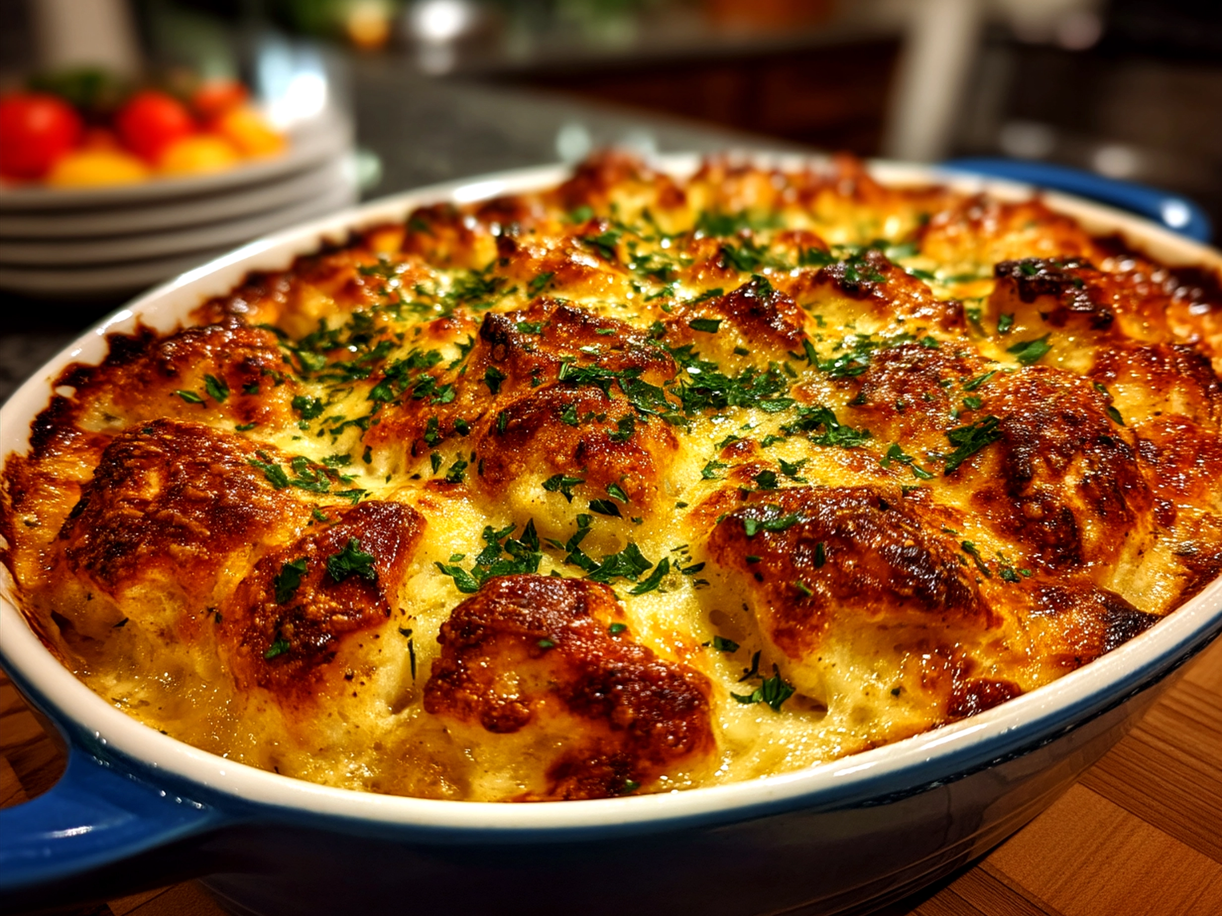 Baked Cheesy Dumpling Casserole served on a plate with garnish