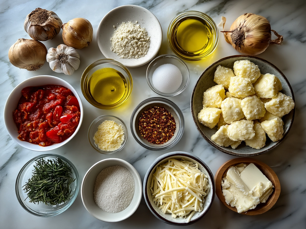 Ingredients for Baked Cheesy Dumpling Casserole laid out on a kitchen countertop