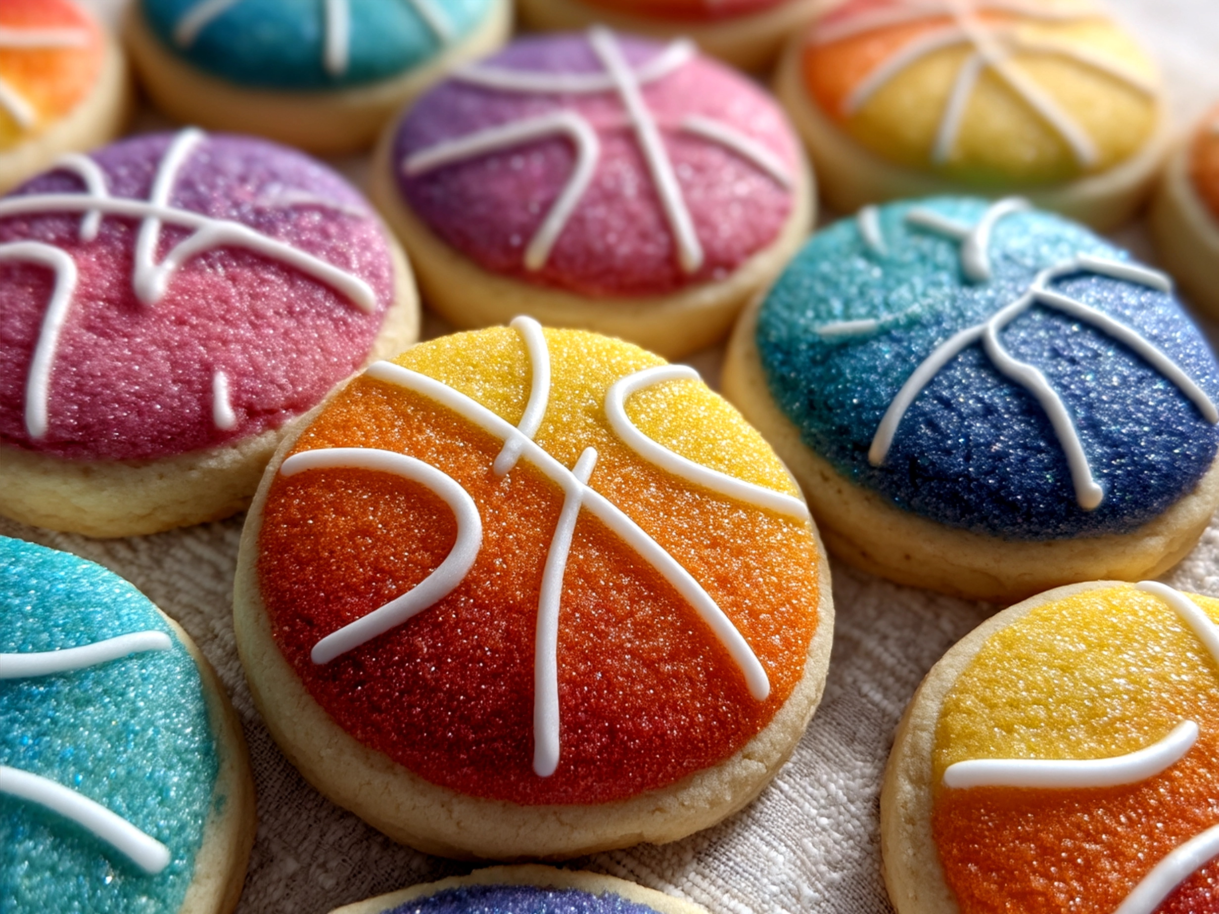 Decorated Basketball Sugar Cookies arranged on a serving platter ready for game night
