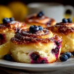 Beautiful freshly prepared sourdough discard lemon blueberry rolls on white plate