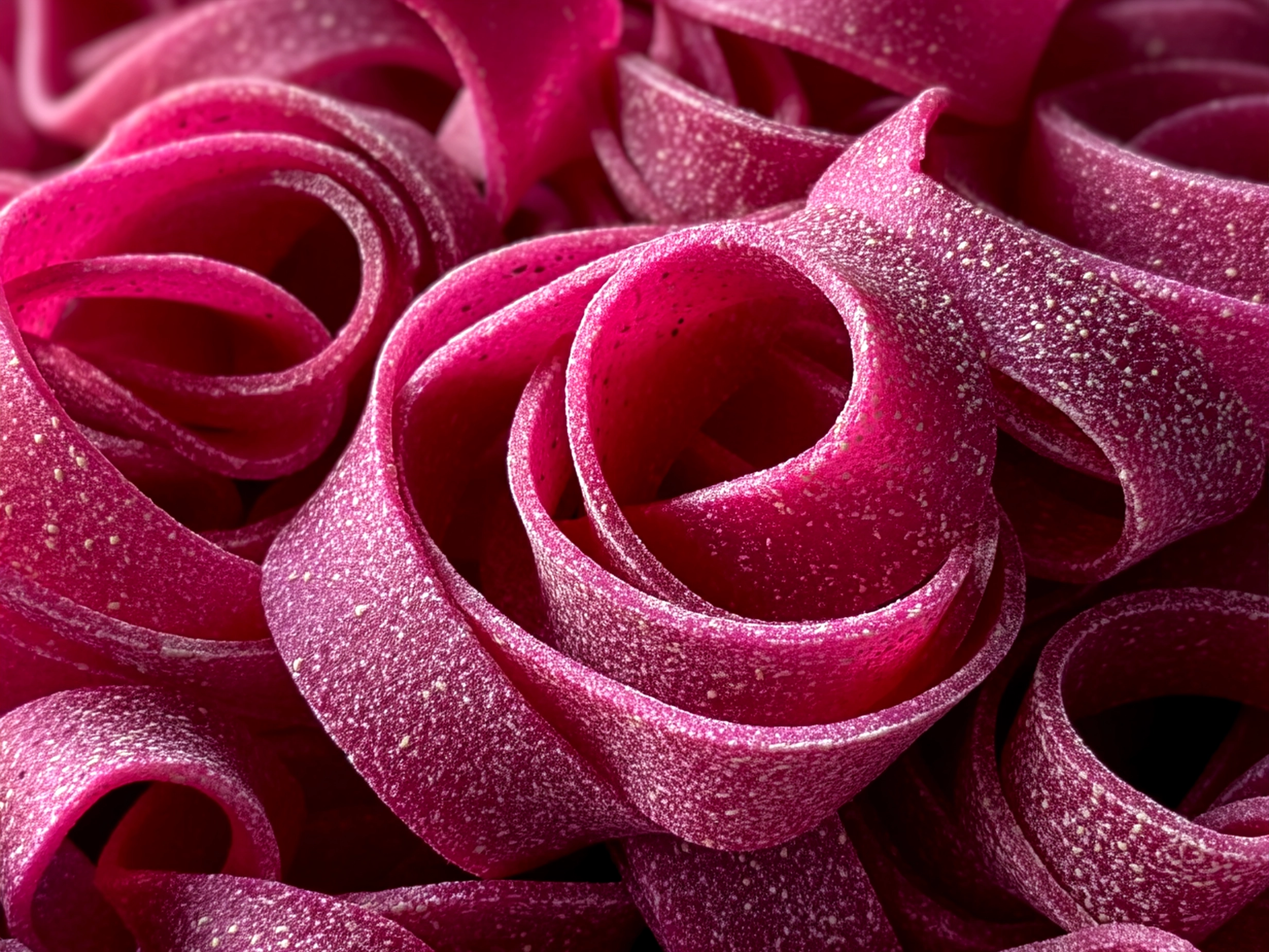 Plate of vibrant beet pasta garnished with fresh herbs and walnuts