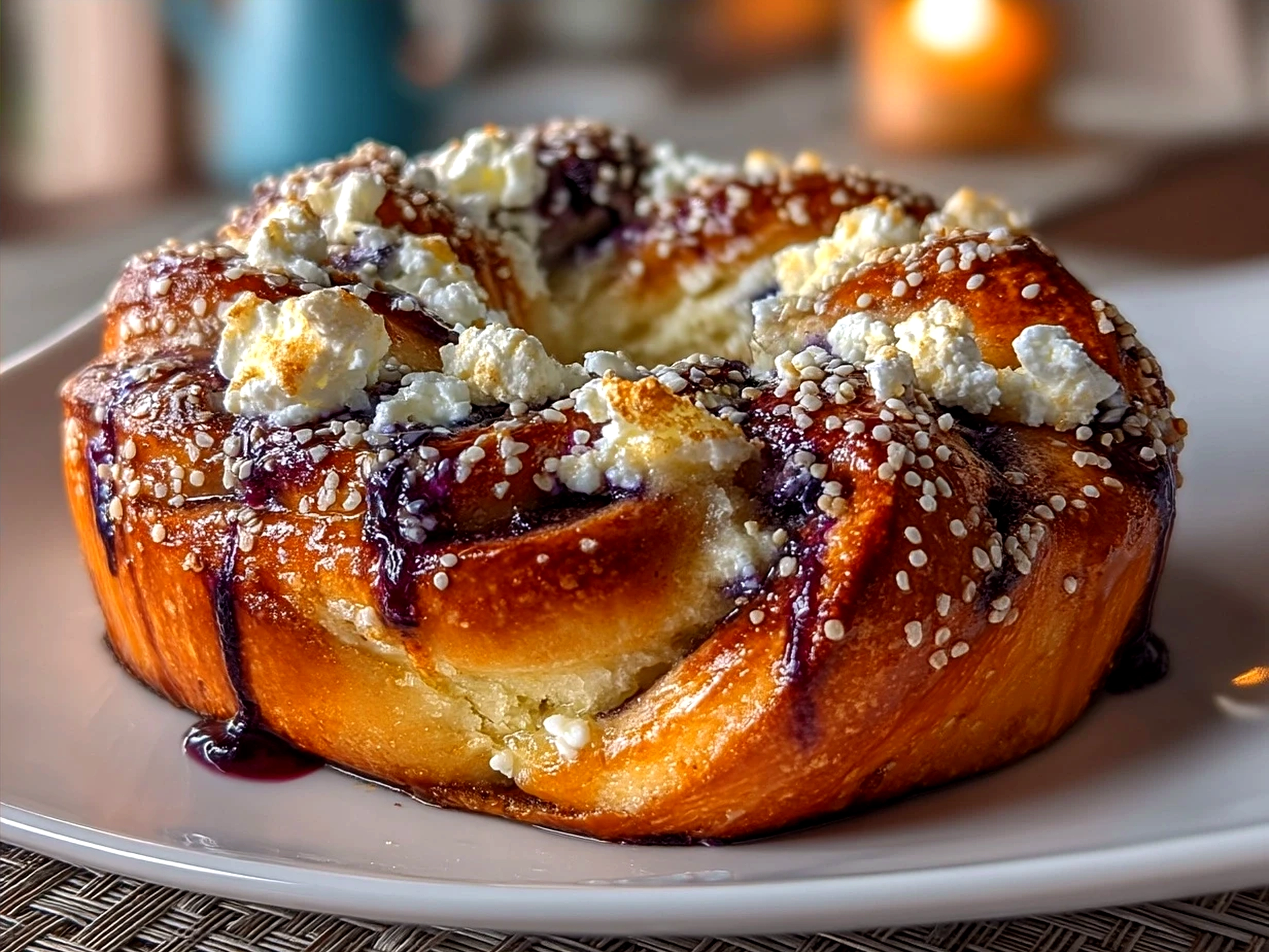 Sliced Blueberry Babka with Cream Cheese served with coffee and powdered sugar