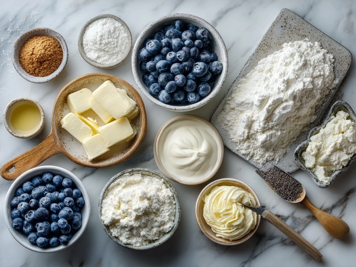 Ingredients for Blueberry Babka with Cream Cheese laid out on a surface