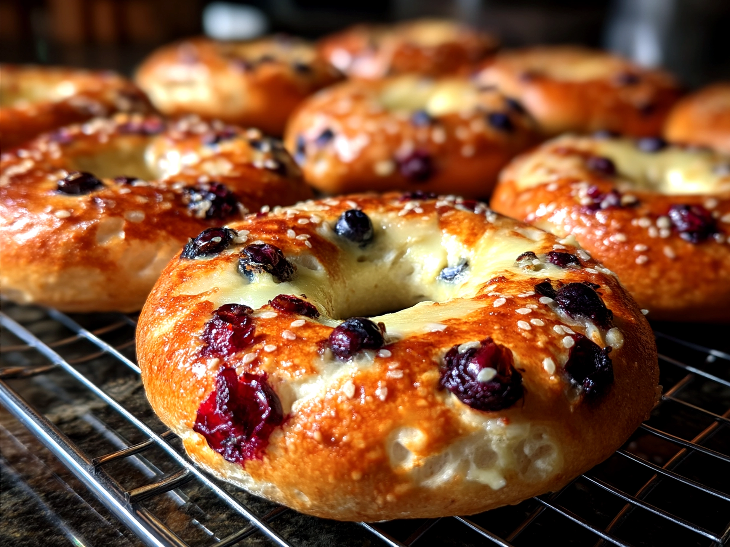 Freshly baked blueberry bagels served with cream cheese and warm light