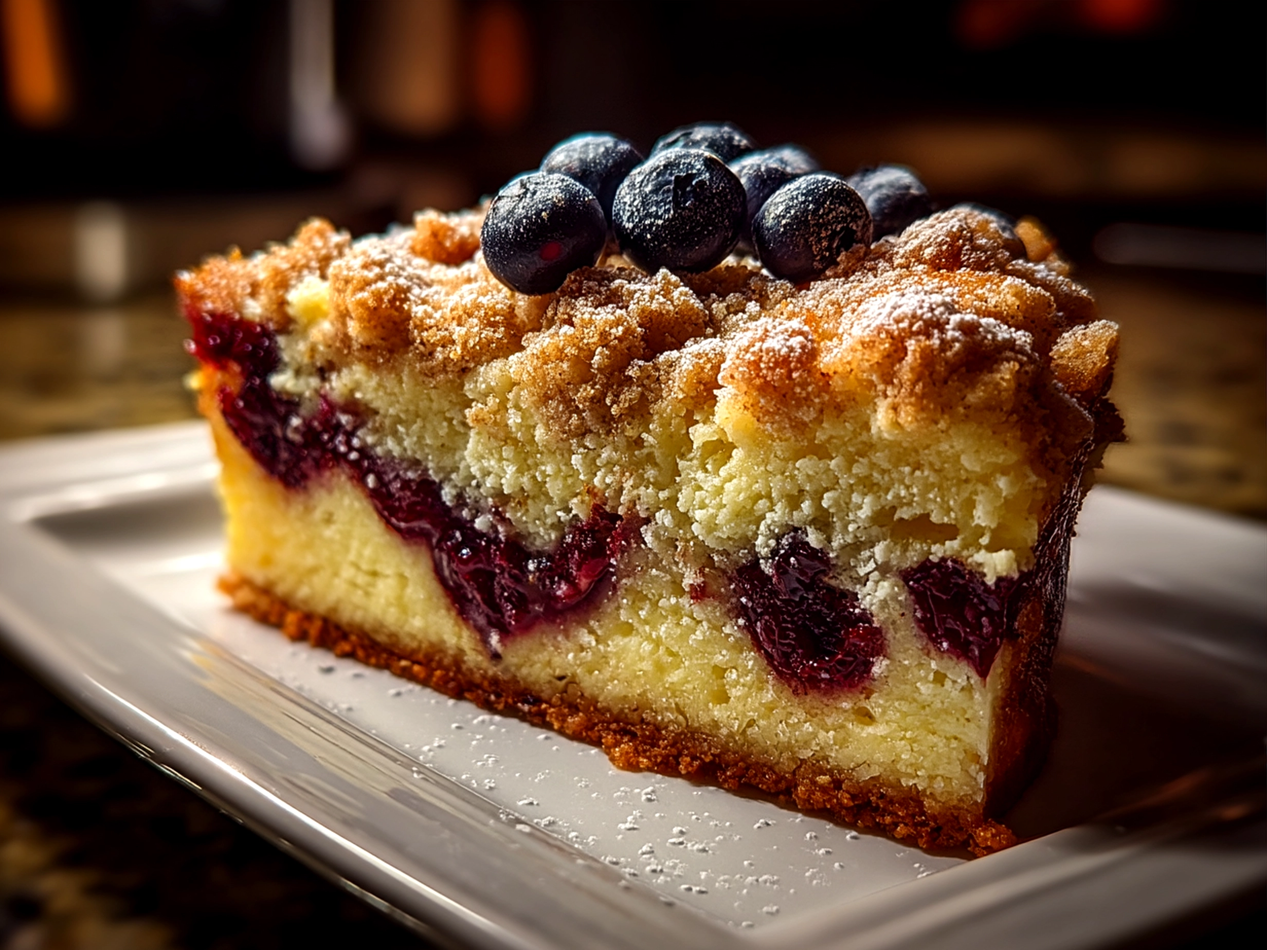 A warm slice of Blueberry Crumb Cake served on a plate with a fork