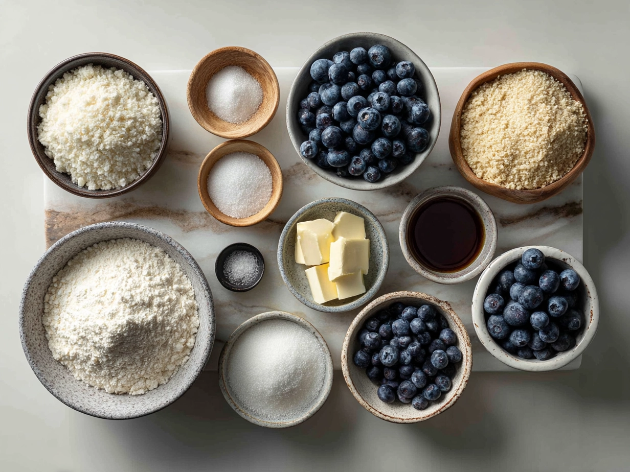 Ingredients for Blueberry Crumb Cake including flour, sugar, butter, blueberries and spices