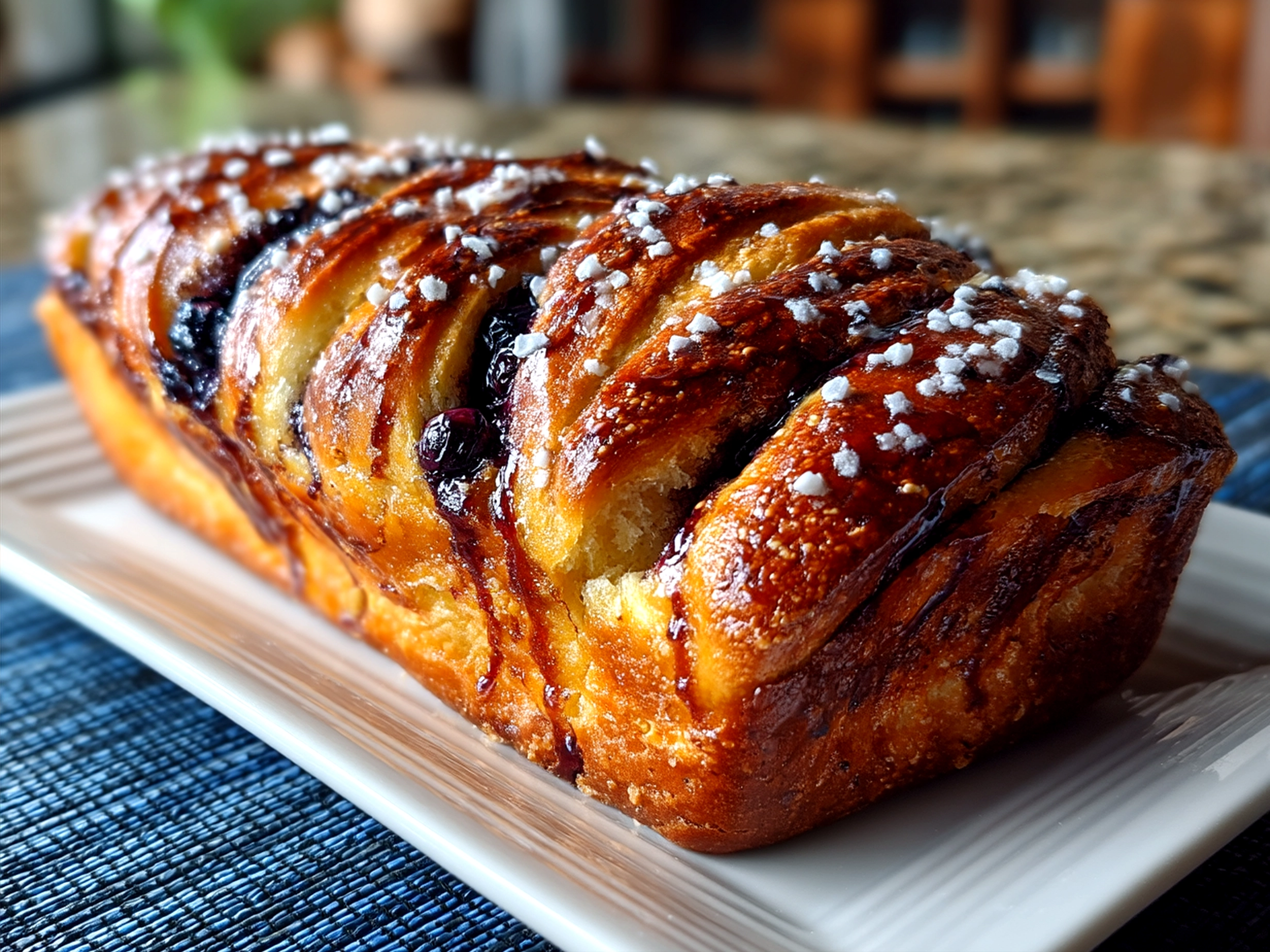 A sliced Blueberry Lemon Sourdough Babka loaf served on a plate