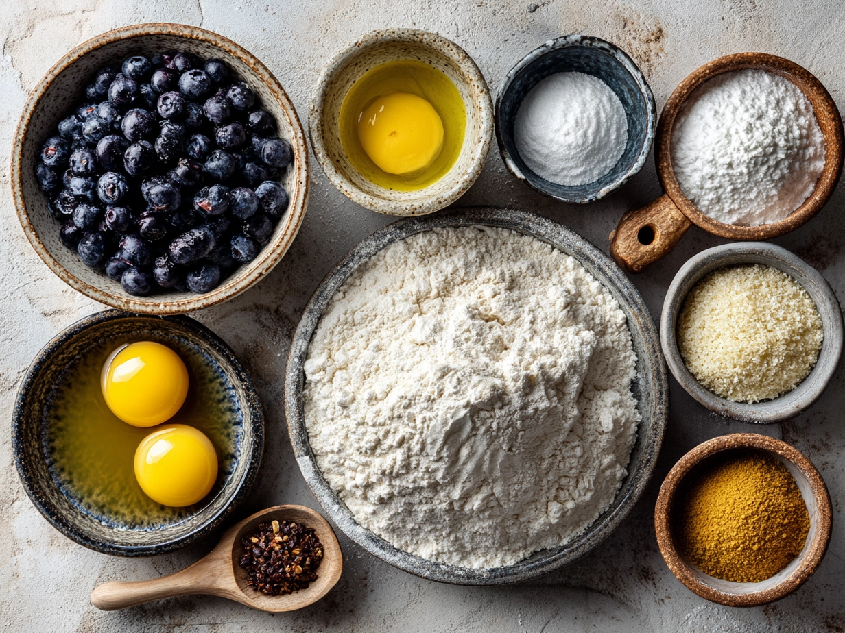 Ingredients for Blueberry Lemon Sourdough Babka including sourdough starter, flour, lemon zest, blueberries