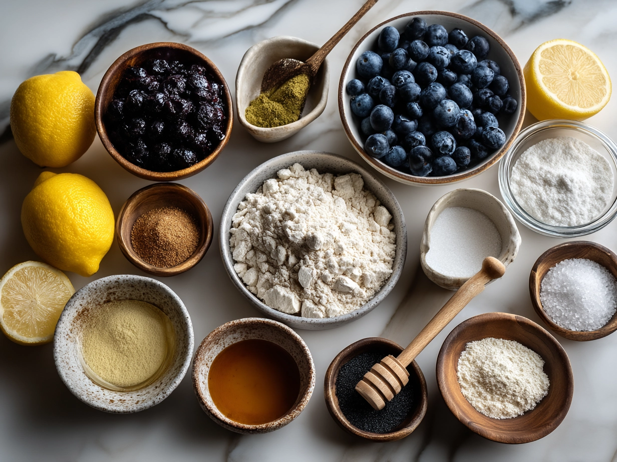 Ingredients for Blueberry Lemon Sourdough Sweet Rolls including sourdough starter, blueberries, lemons, flour, and other essentials
