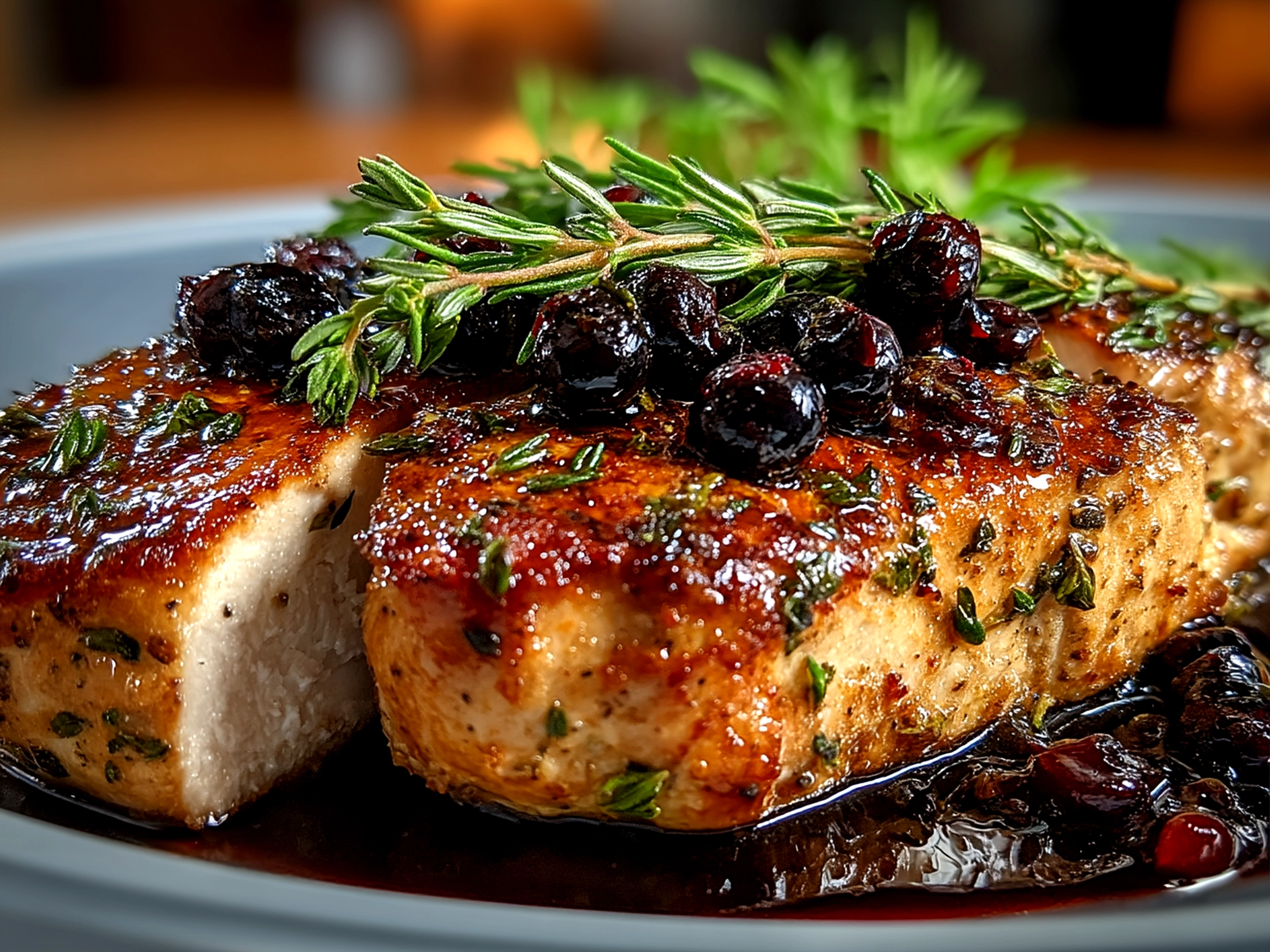 Blueberry Thyme Chicken served with mashed potatoes and green beans