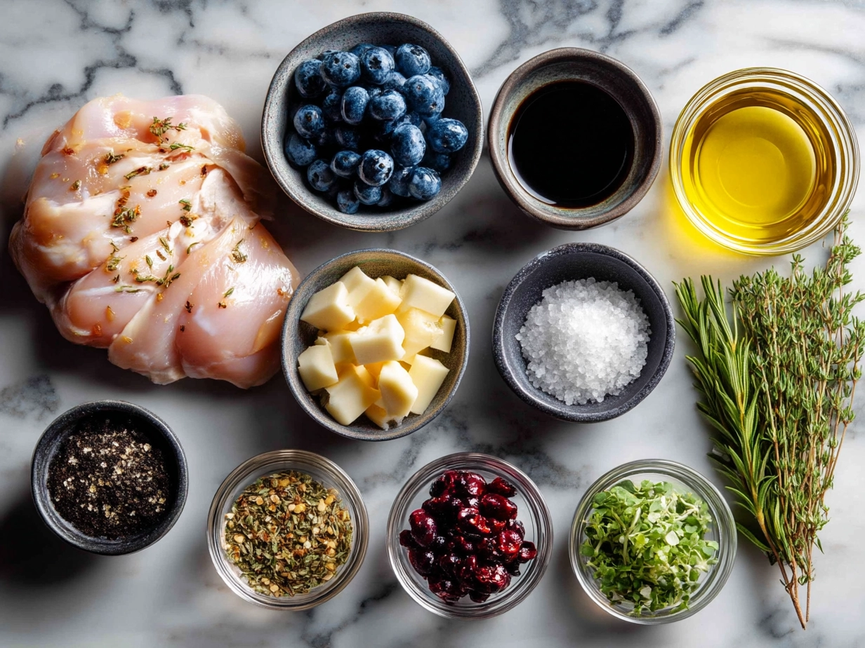 Ingredients for Blueberry Thyme Chicken including chicken breasts, fresh blueberries, thyme, garlic, olive oil, balsamic vinegar, and honey