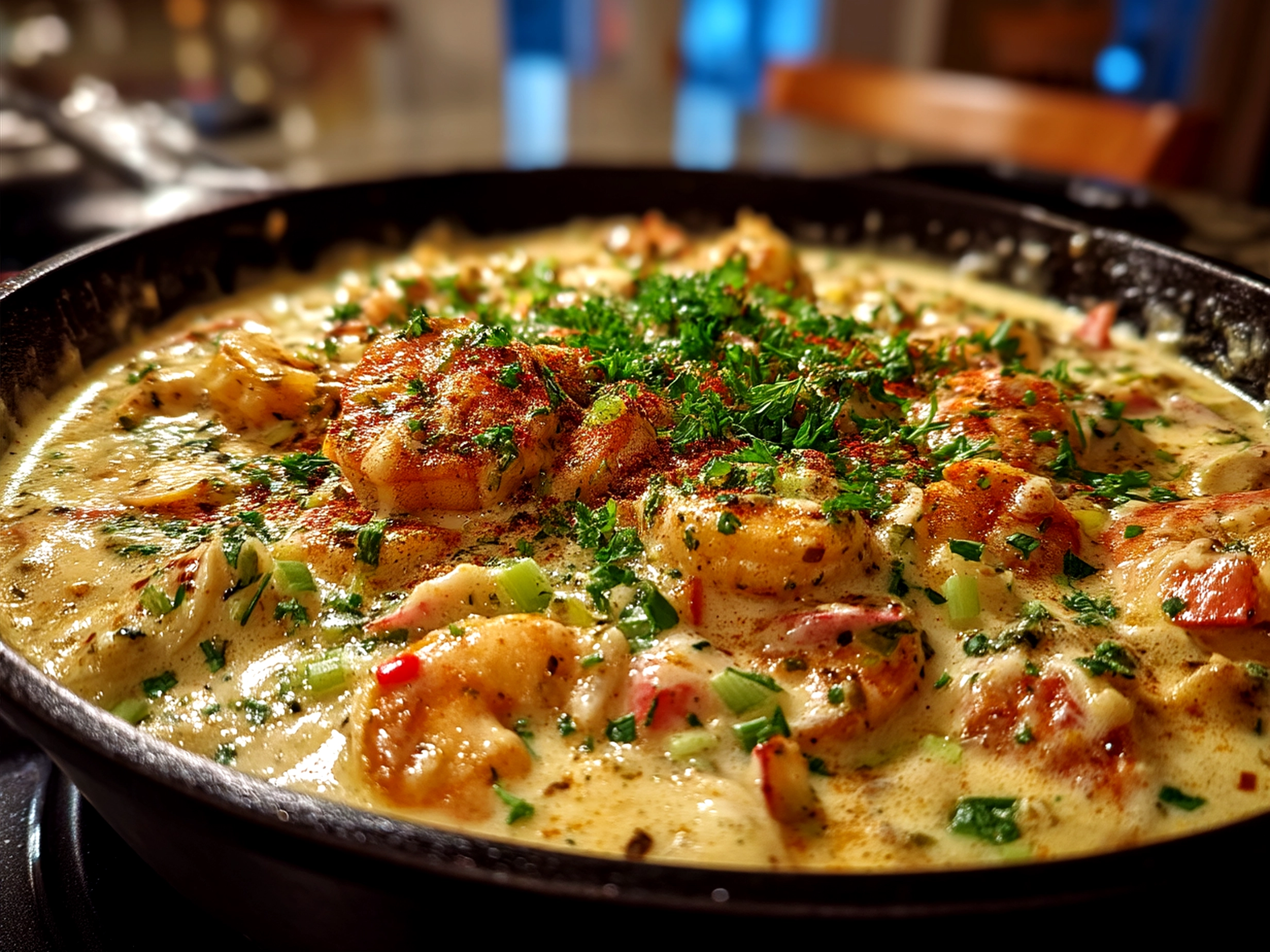 Serving suggestion with Cajun Cream Sauce over chicken and pasta