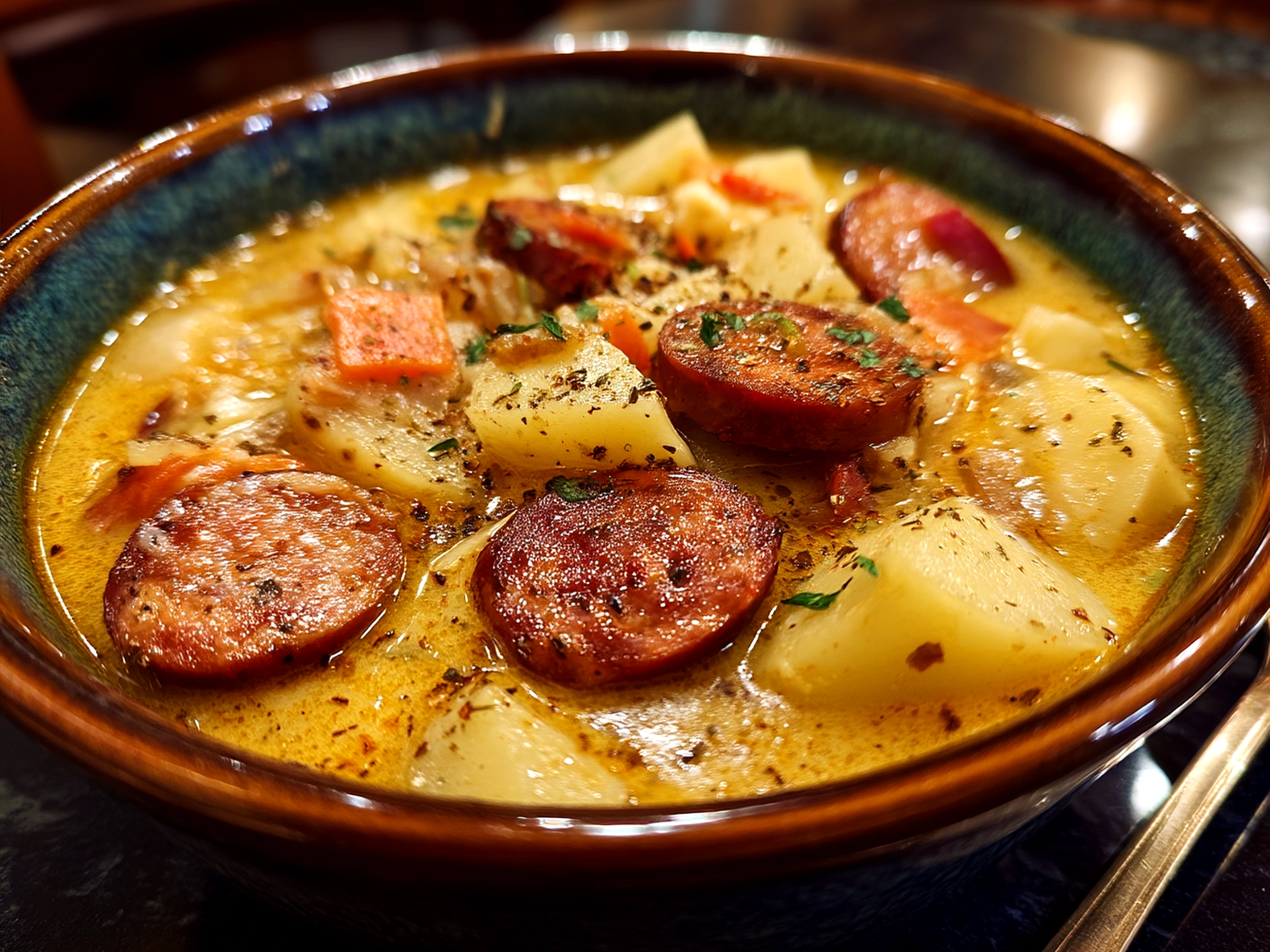 Bowl of freshly served Cajun Potato Soup with Andouille Sausage topped with cheddar and green onions