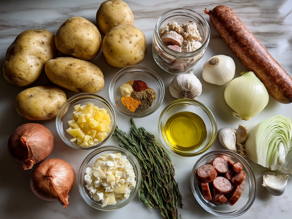 Ingredients for Cajun Potato Soup with Andouille Sausage laid out on a wooden table