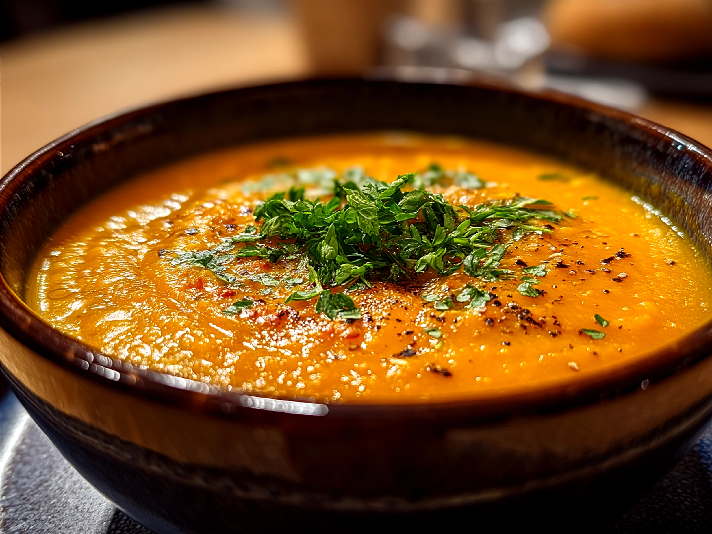Bowl of Carrot and Lentil Soup garnished with fresh herbs ready to serve