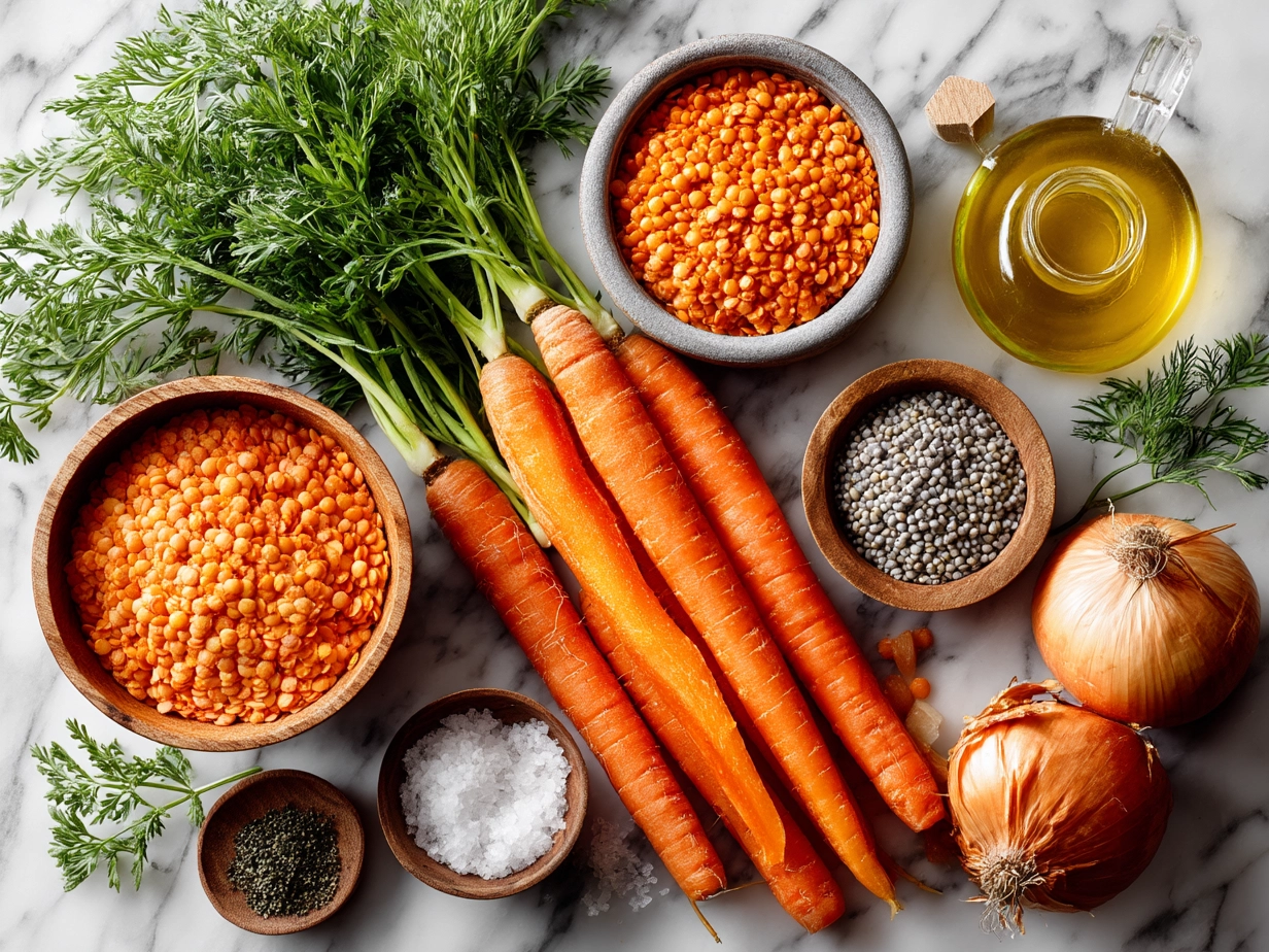 Ingredients for Carrot and Lentil Soup laid out on a table