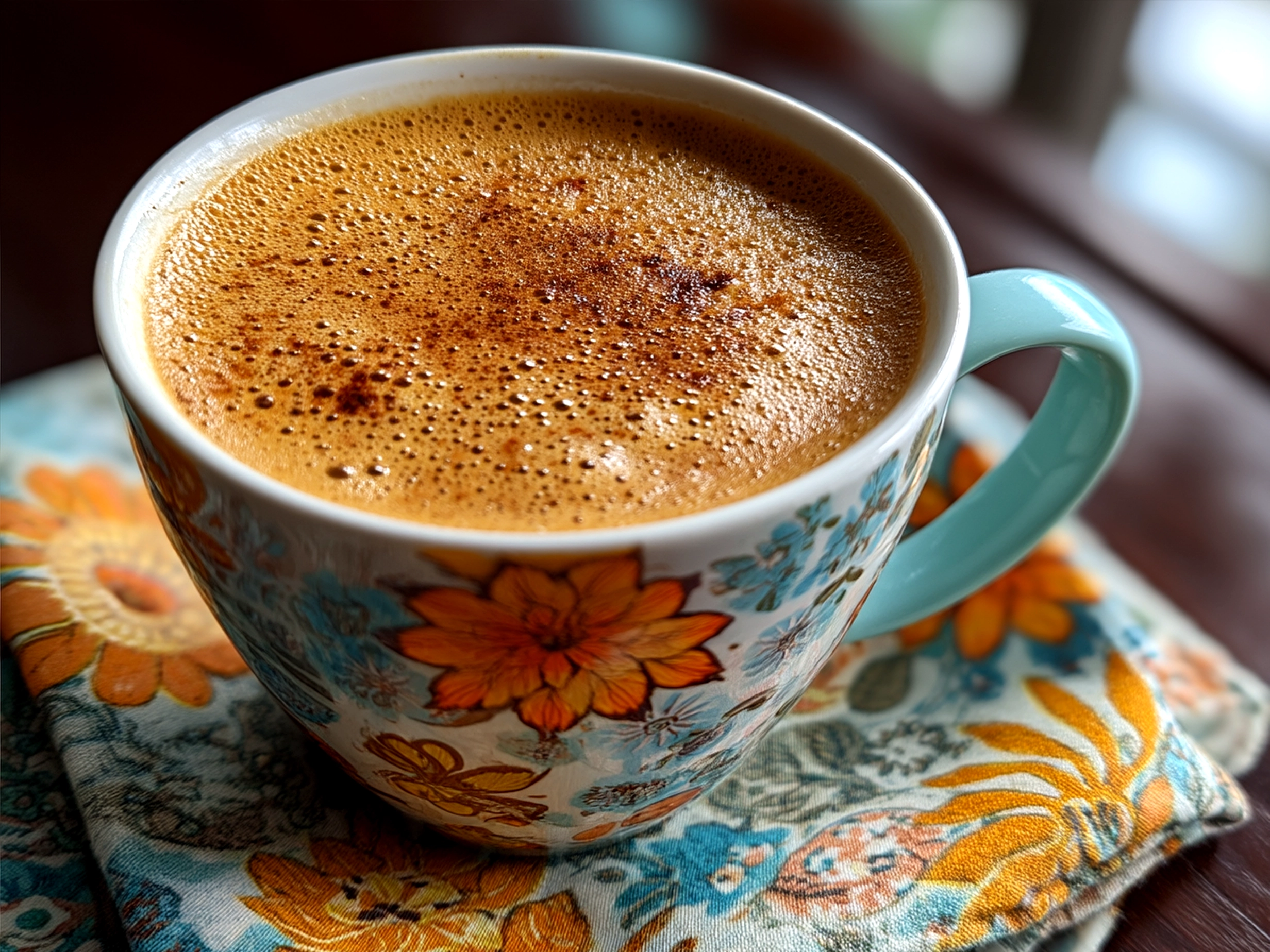 Serving chai tea latte in a cozy cup with cinnamon stick garnish