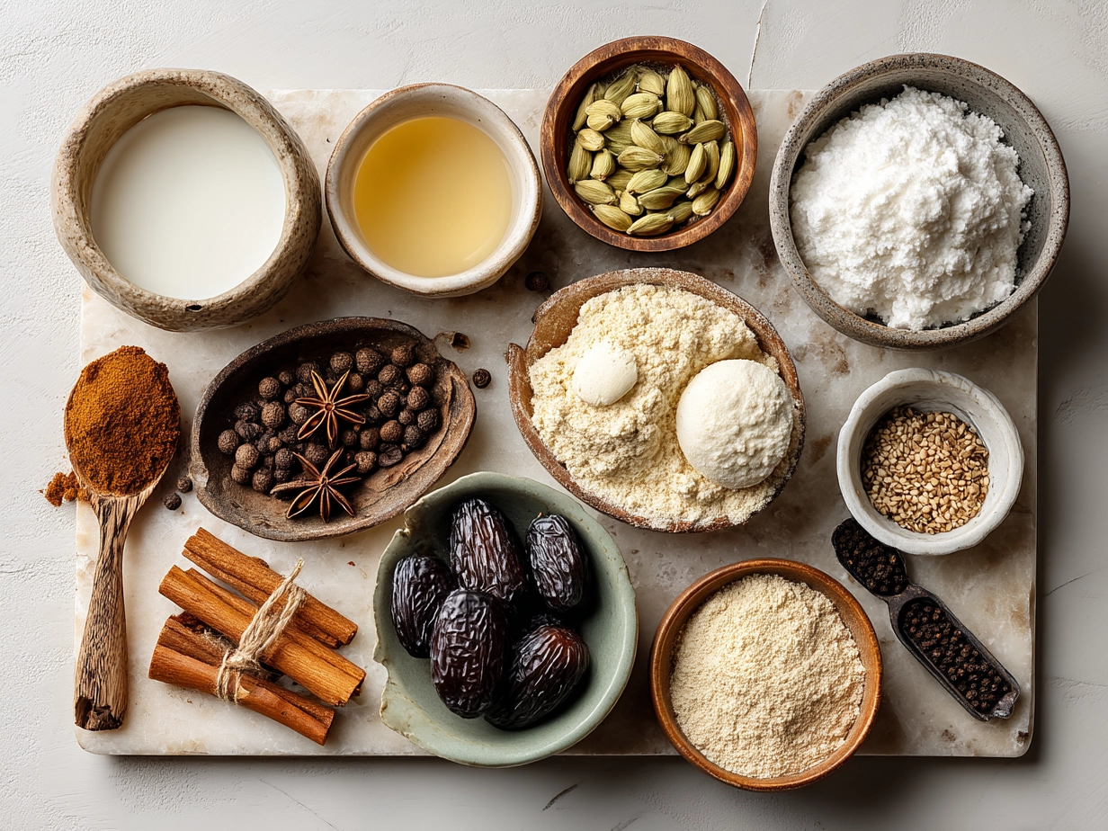 Chai Tea Latte ingredients on a wooden table with spices and tea bags