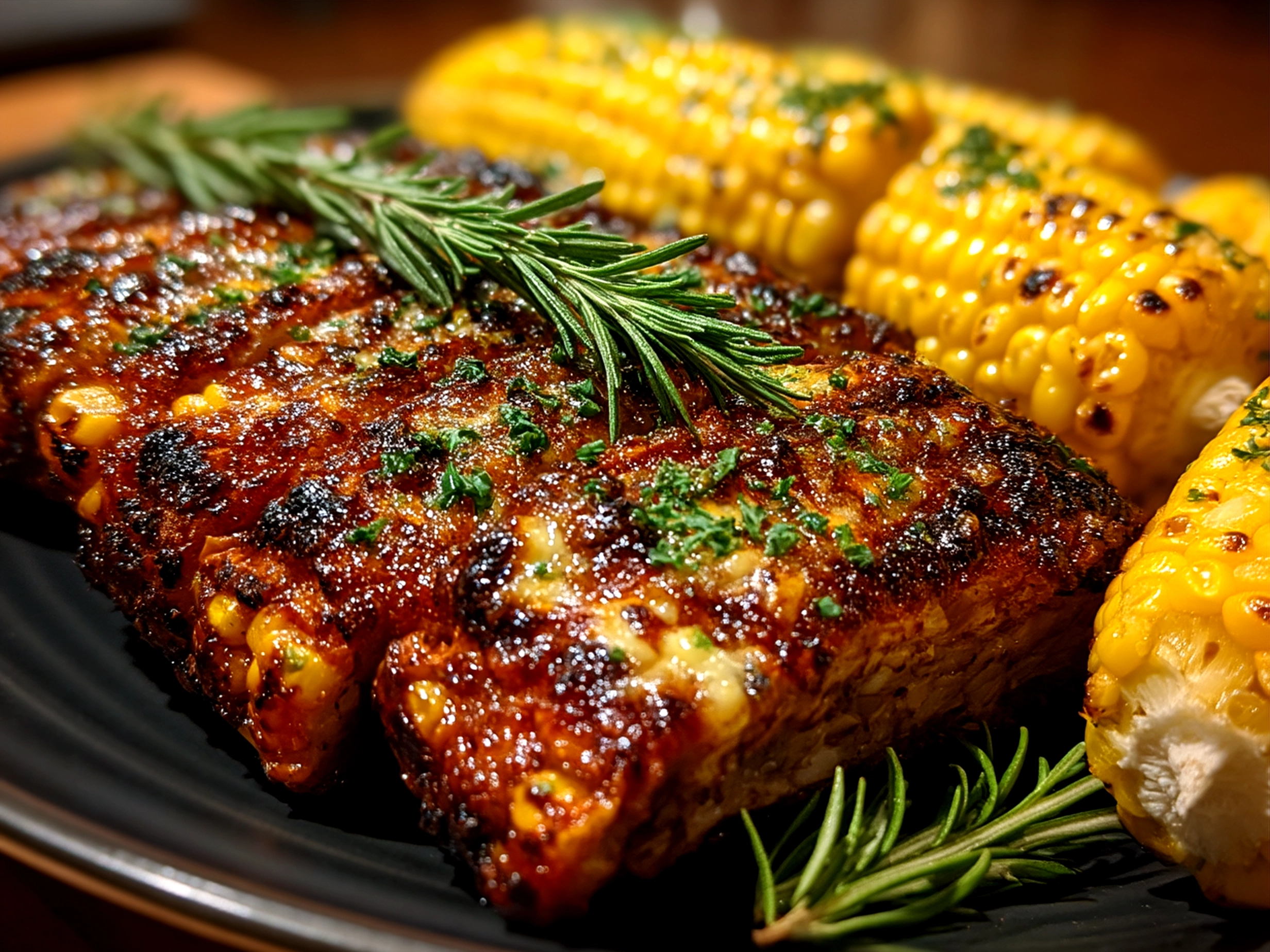 Deliciously served cheesy corn ribs on a rustic wooden board with fresh herbs