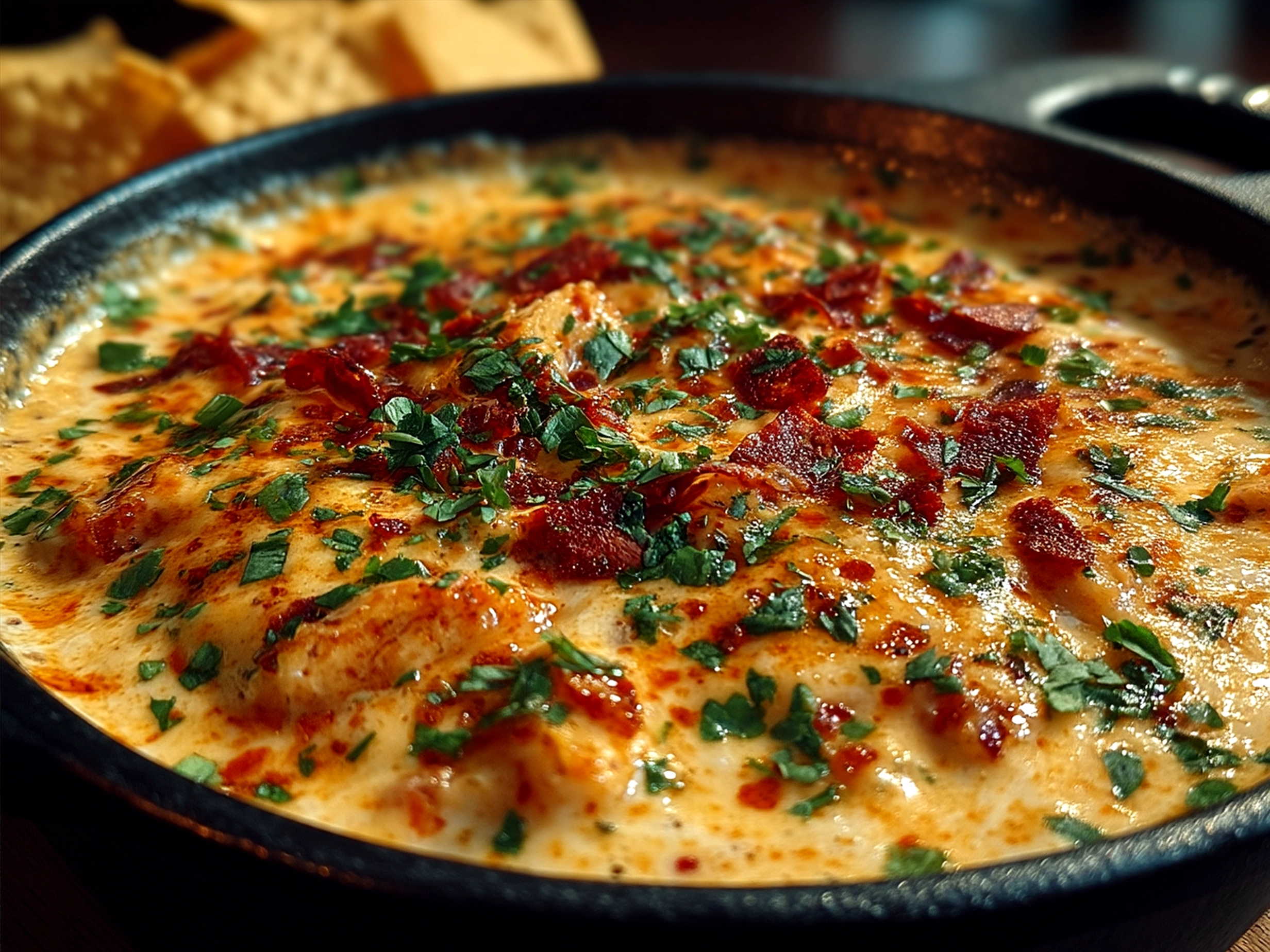 Cheesy Rotel Ranch Queso served in a bowl with tortilla chips