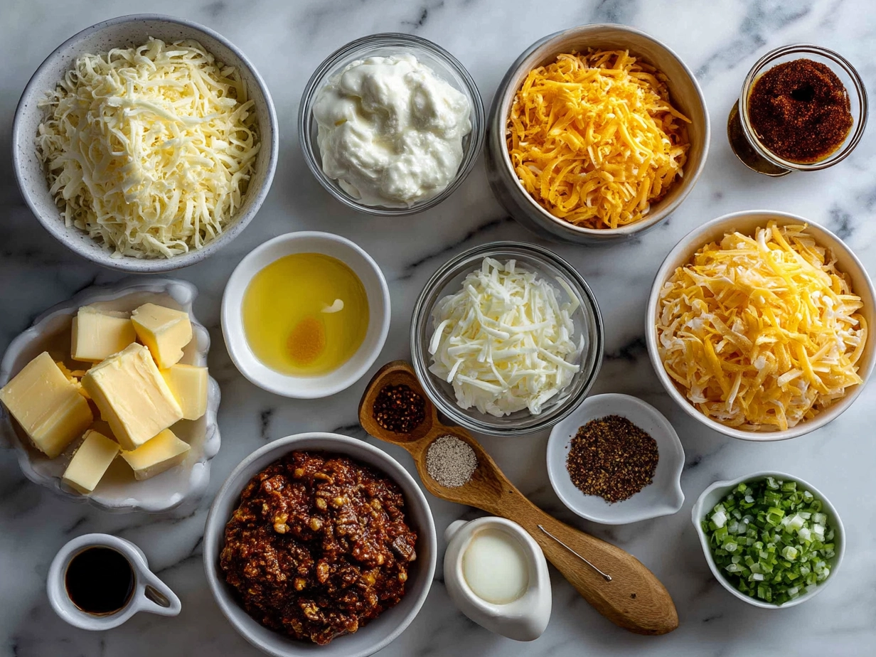 Ingredients for Cheesy Rotel Ranch Queso including Rotel, cream cheese, shredded cheddar cheese, ranch seasoning, milk, and butter