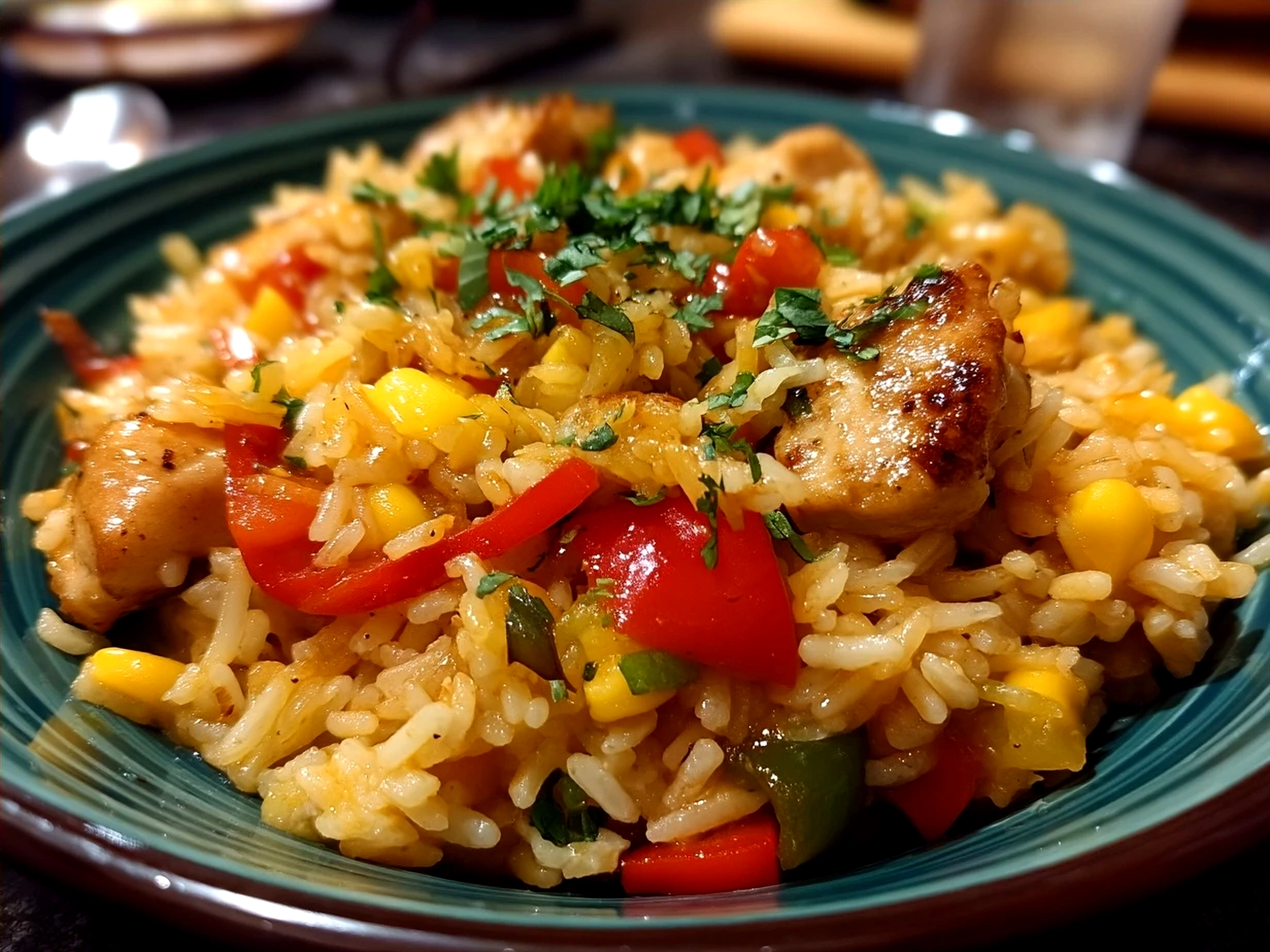 A bowl of Chicken Fajita Rice topped with cilantro, cheese, and sour cream