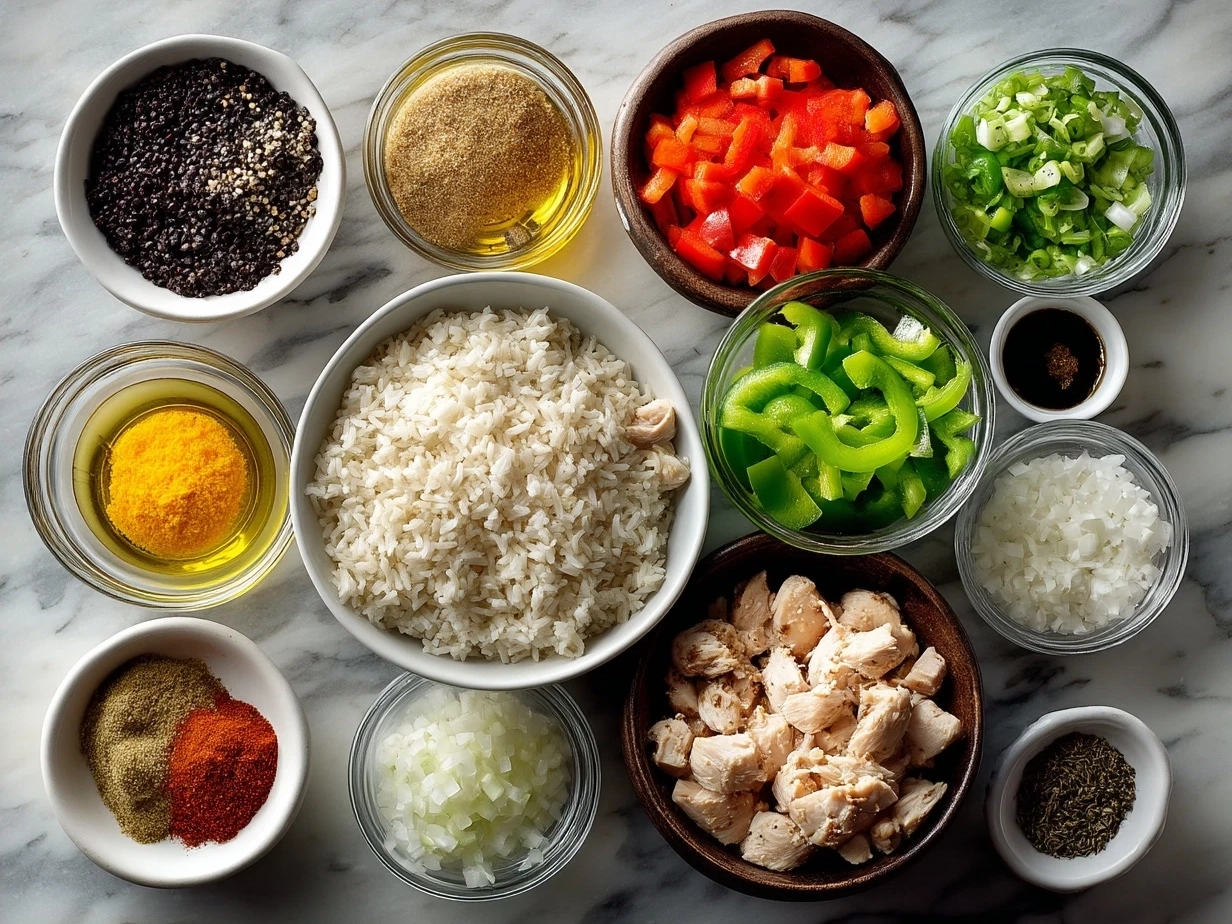 Ingredients for Chicken Fajita Rice including peppers, chicken, rice, and spices