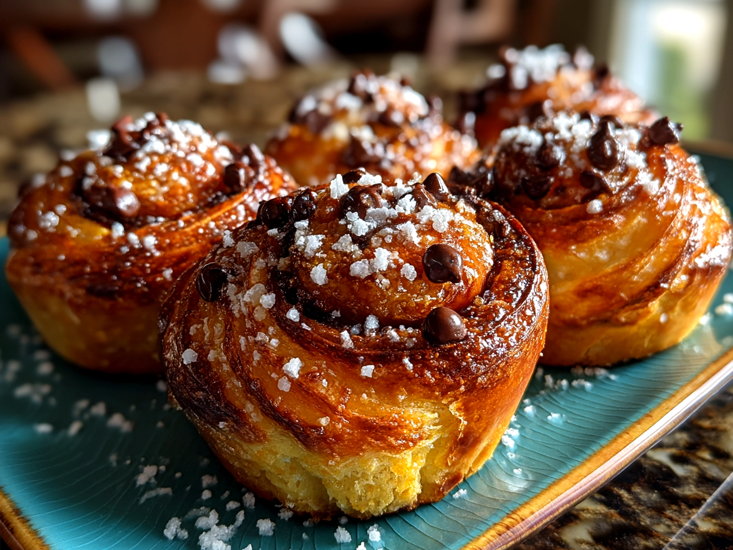 Serving Chocolate Chip Sourdough Cruffins with whipped cream and caramel sauce
