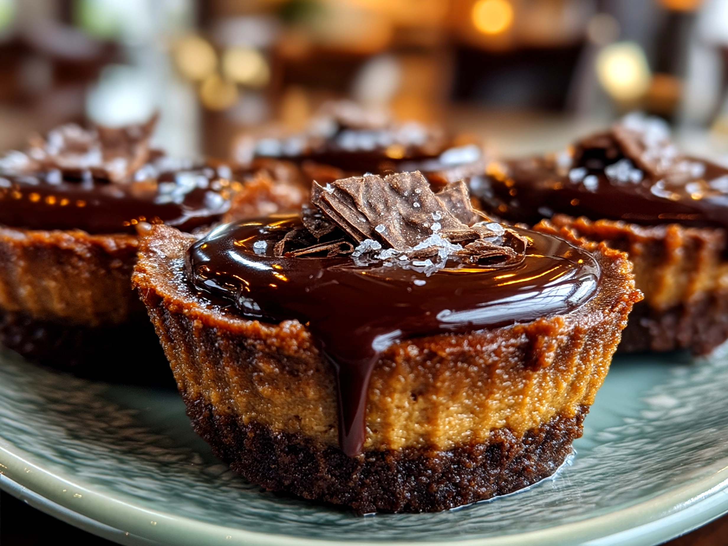 Chocolate Gnome Cheesecakes served on a rustic wooden board