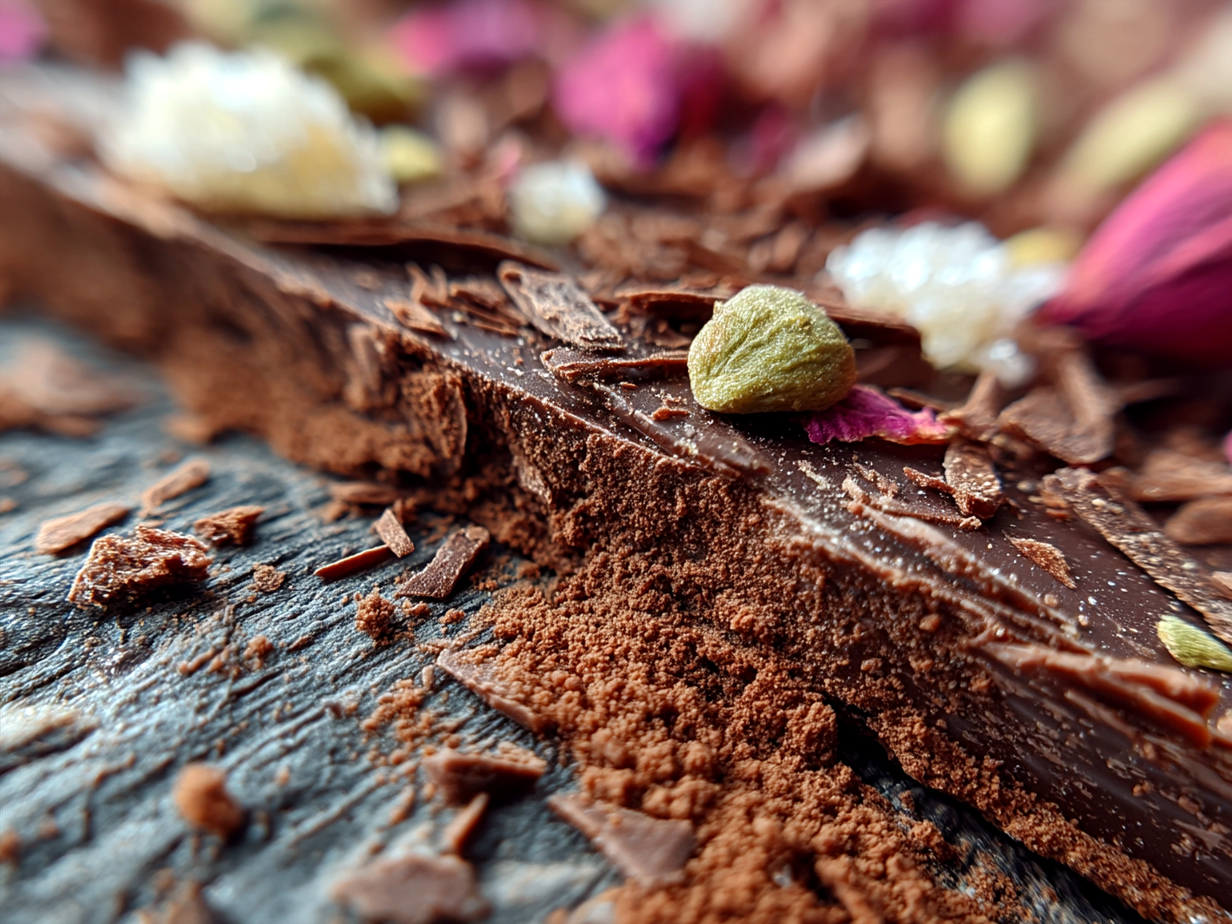 Finished Chocolate Kataifi Bark broken into pieces and served on a rustic plate