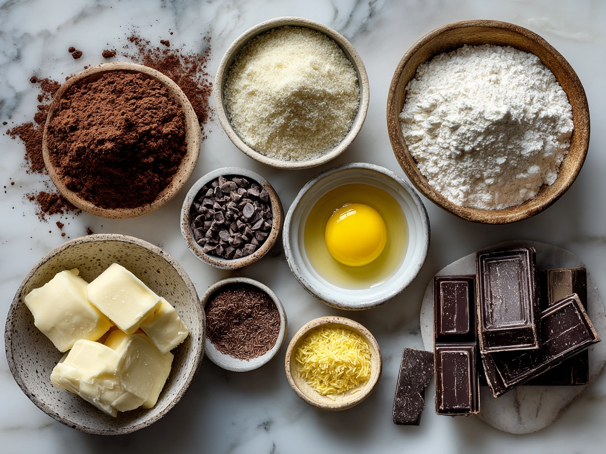 Ingredients for Chocolate Kataifi Bark laid out on a table showing kataifi pastry, chocolate, nuts, butter, and spices