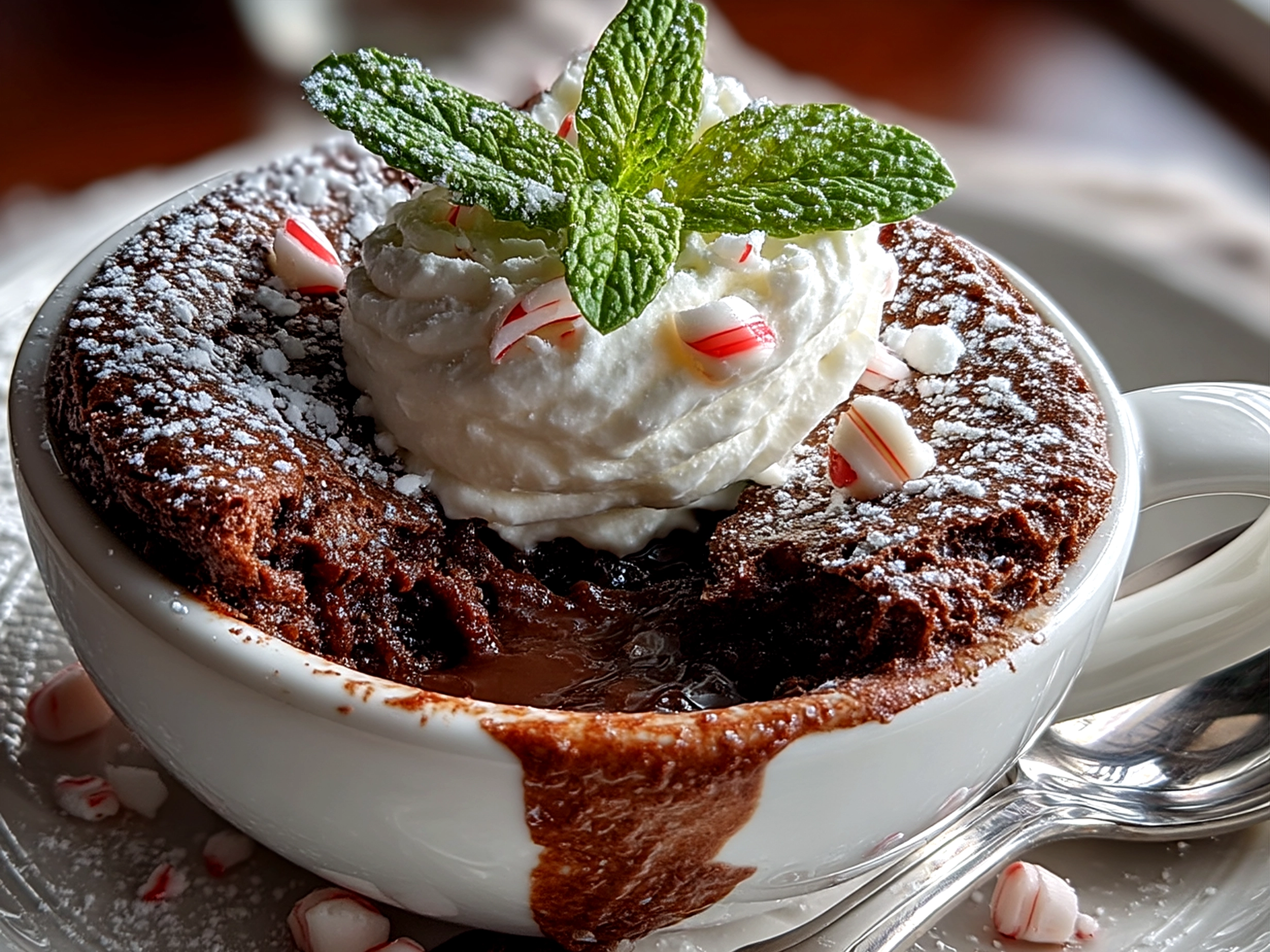 A delicious serving of Chocolate Peppermint Mug Cake topped with whipped cream and peppermint candy