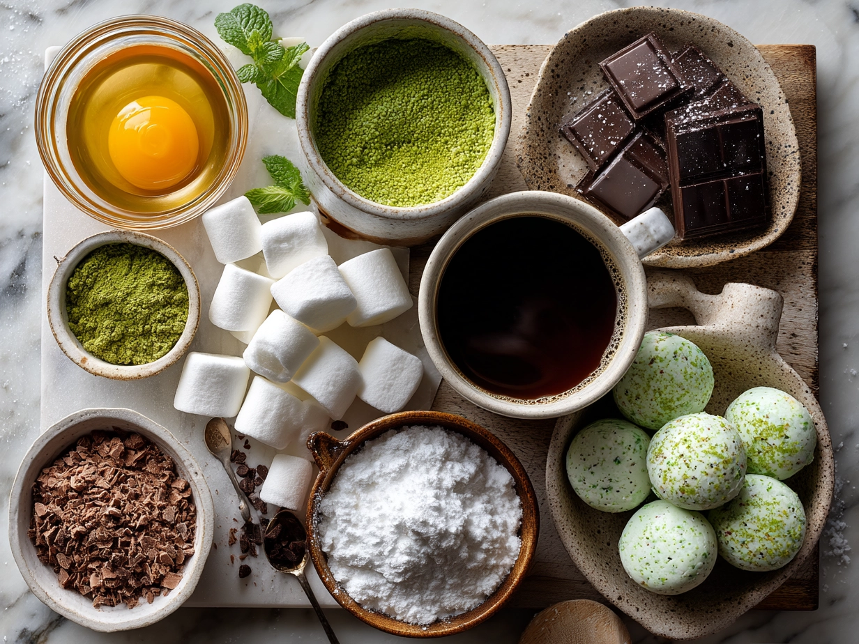 Ingredients for Chocolate Peppermint Mug Cake including flour, cocoa powder, sugar, baking powder, milk, oil, peppermint extract, and chocolate chips