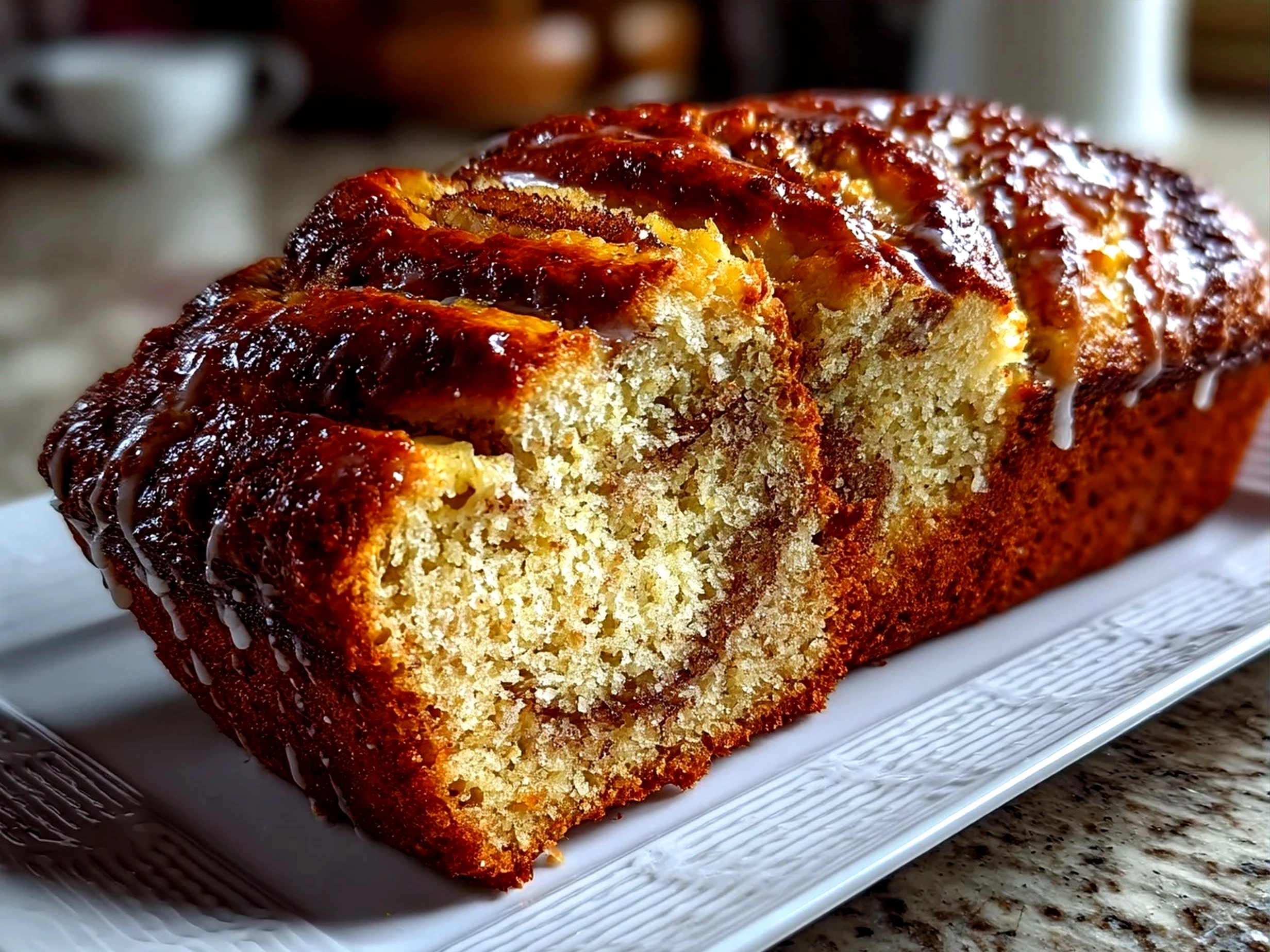 Sliced cinnamon swirl banana bread served on a plate