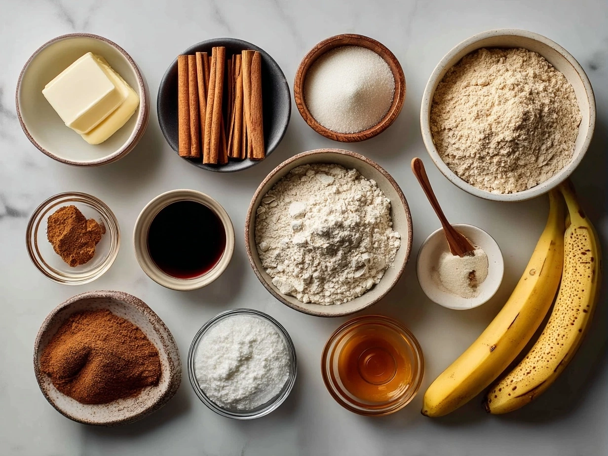 Ingredients for cinnamon swirl banana bread laid out