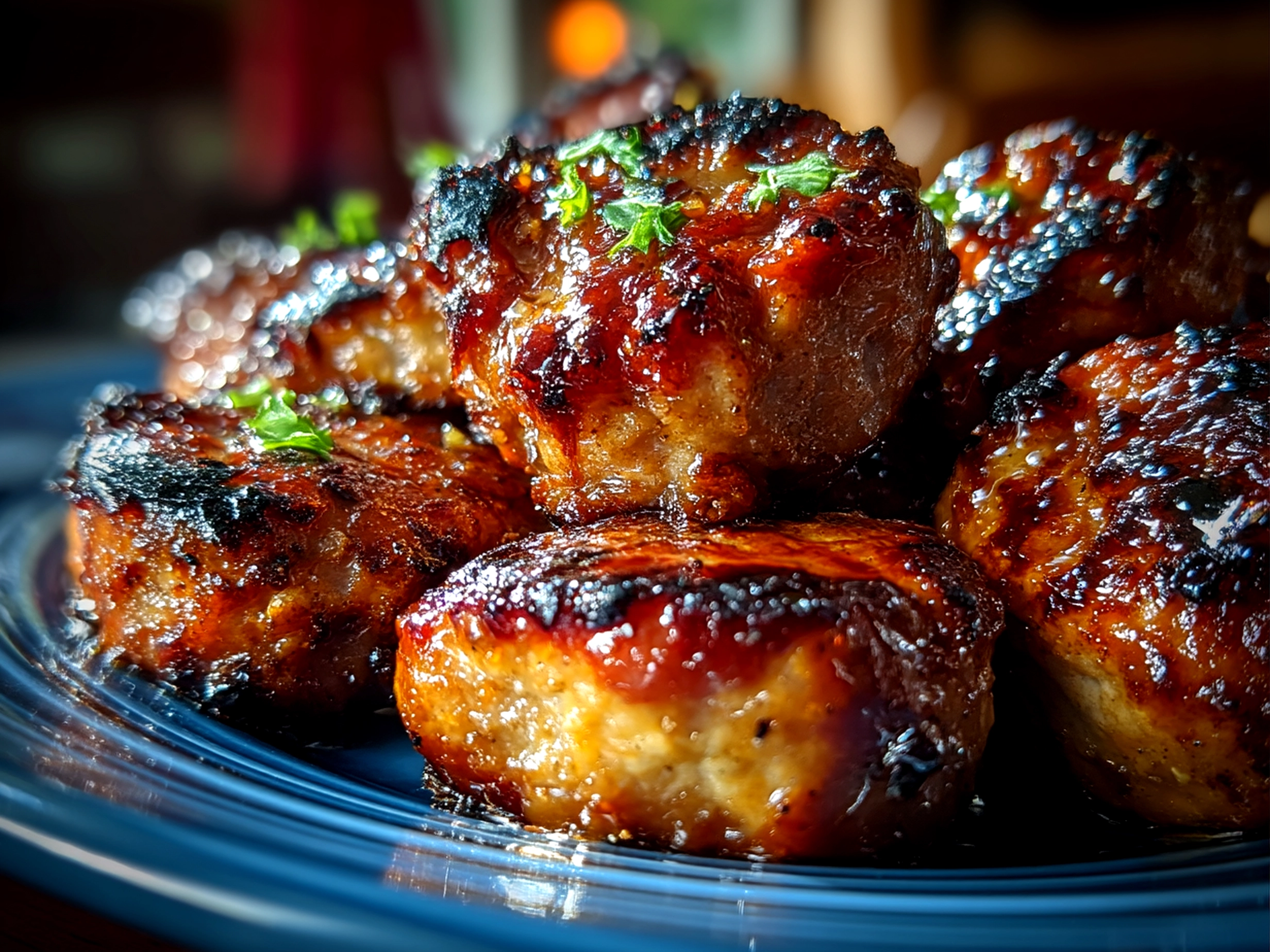 Close up of finished BBQ sausage bites garnished with fresh parsley