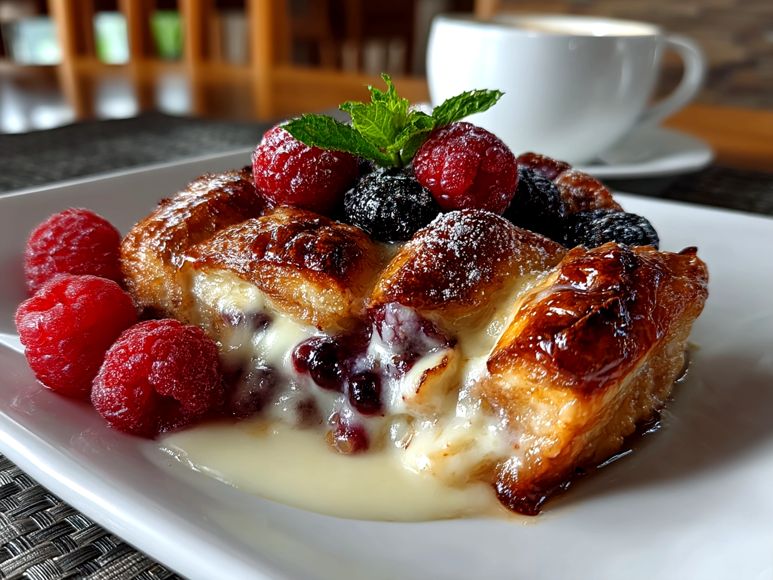 Close-up of finished Berry Croissant Bake with glaze and powdered sugar