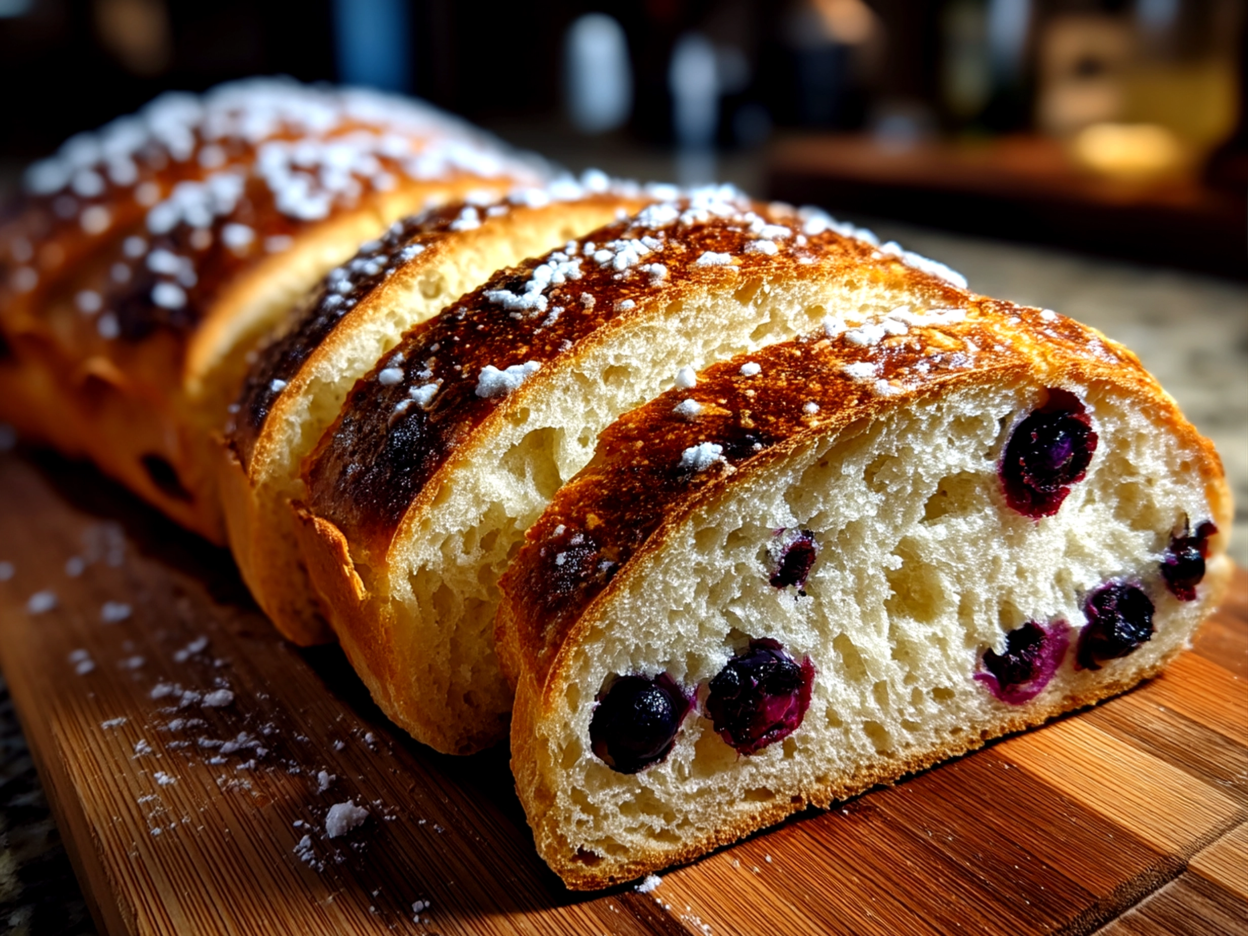Close-up of a finished Lemon Blueberry Sourdough Bread slice showing blueberries and lemon zest in the crust